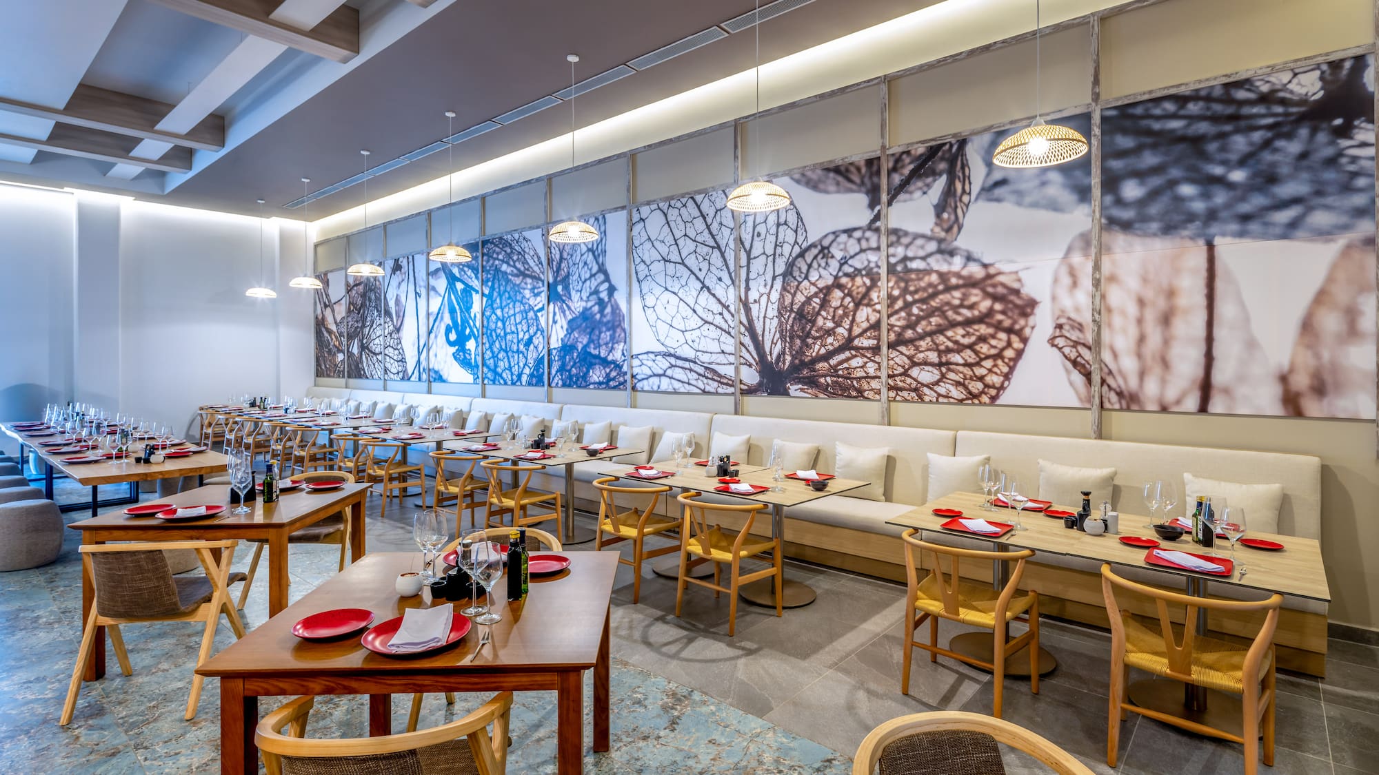 a room with tables and chairs