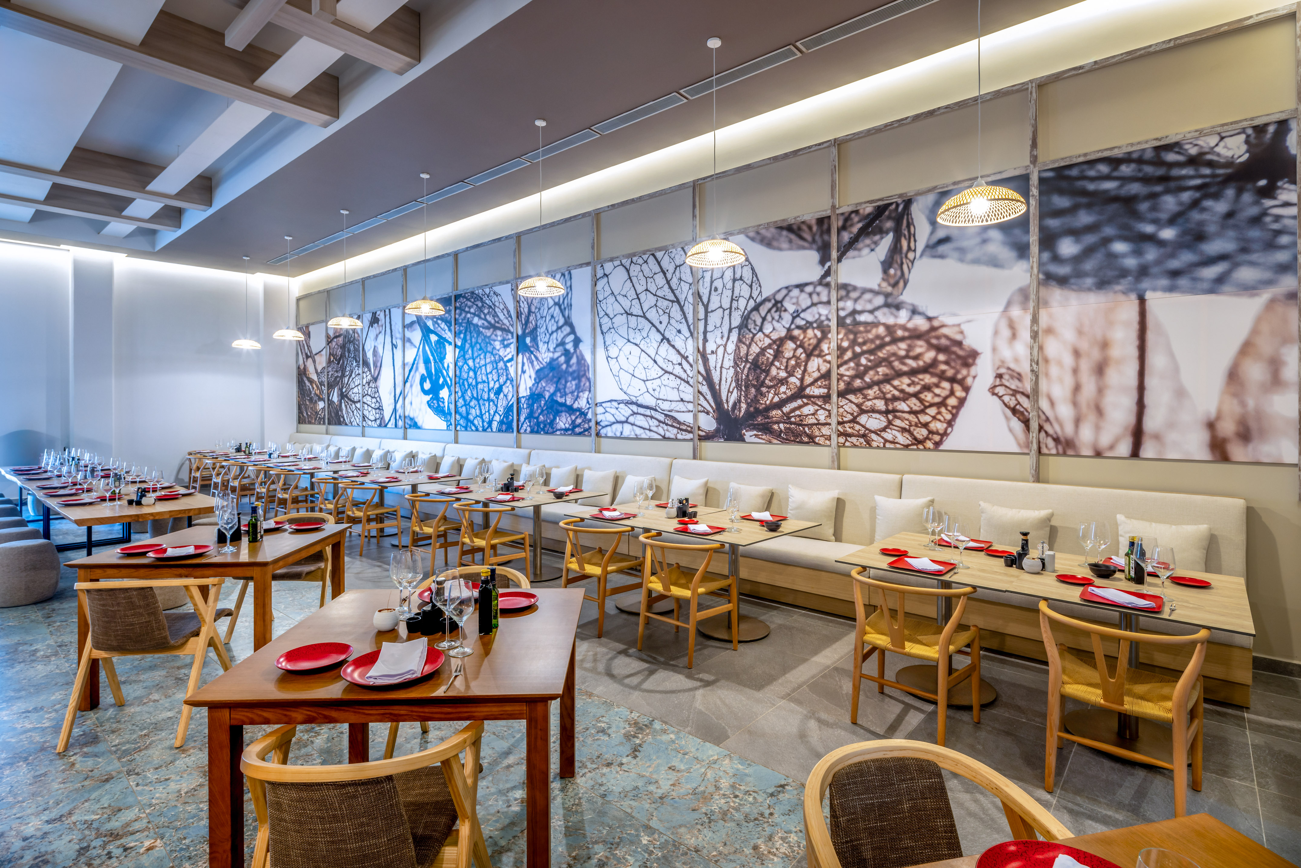 a room with tables and chairs