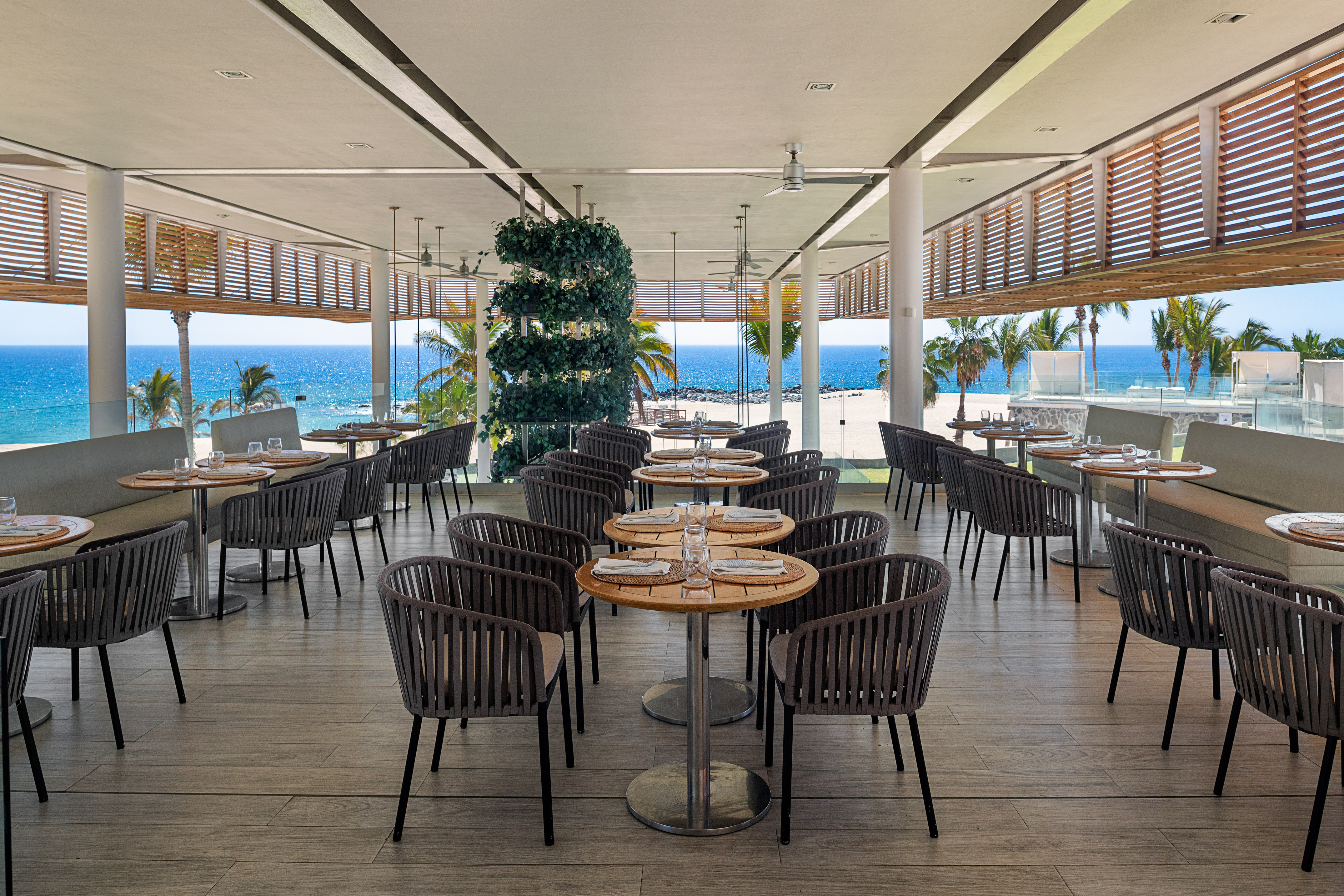 Beachfront restaurant with ocean view, modern dining tables, and palm trees.