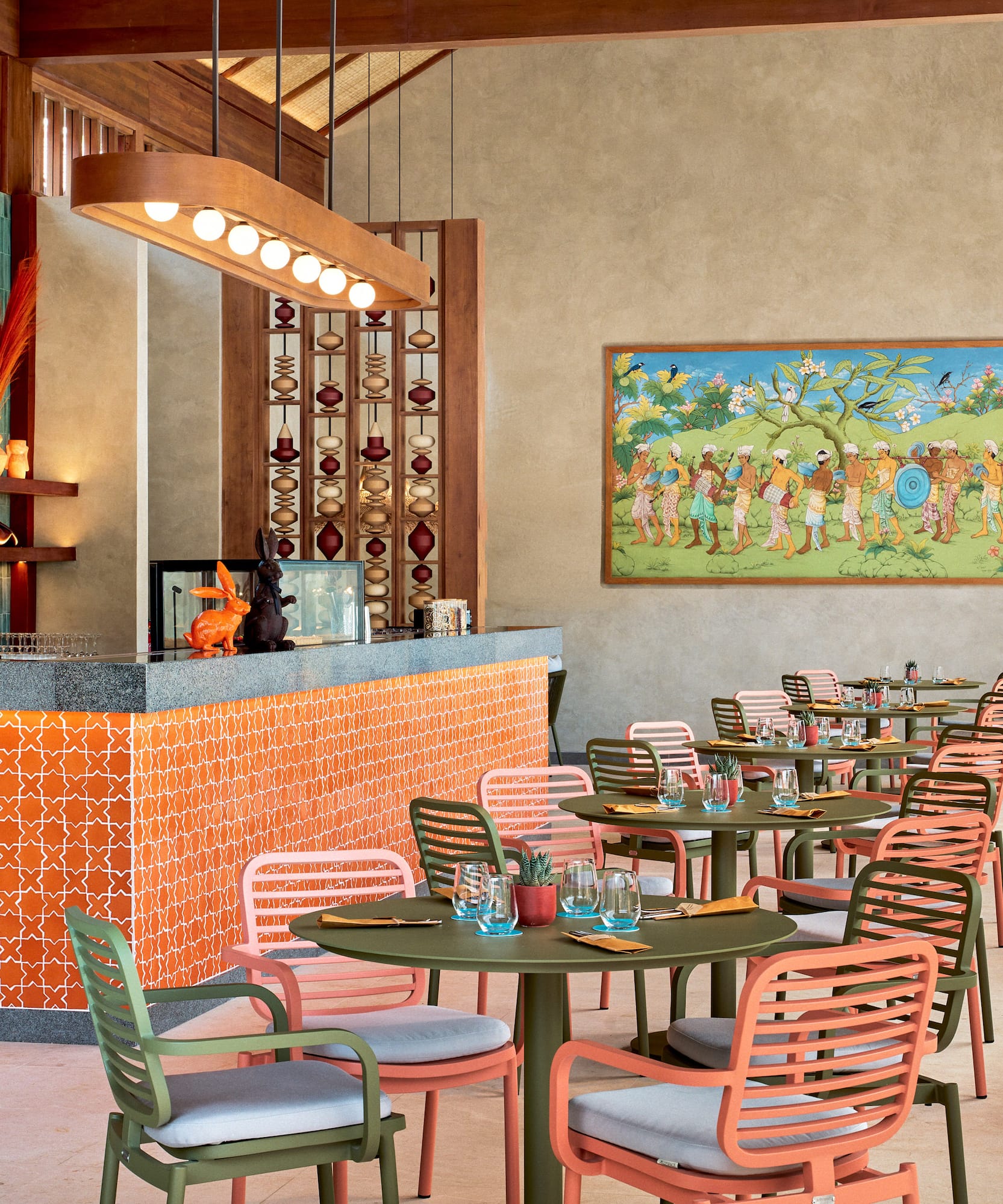 a room with tables and chairs