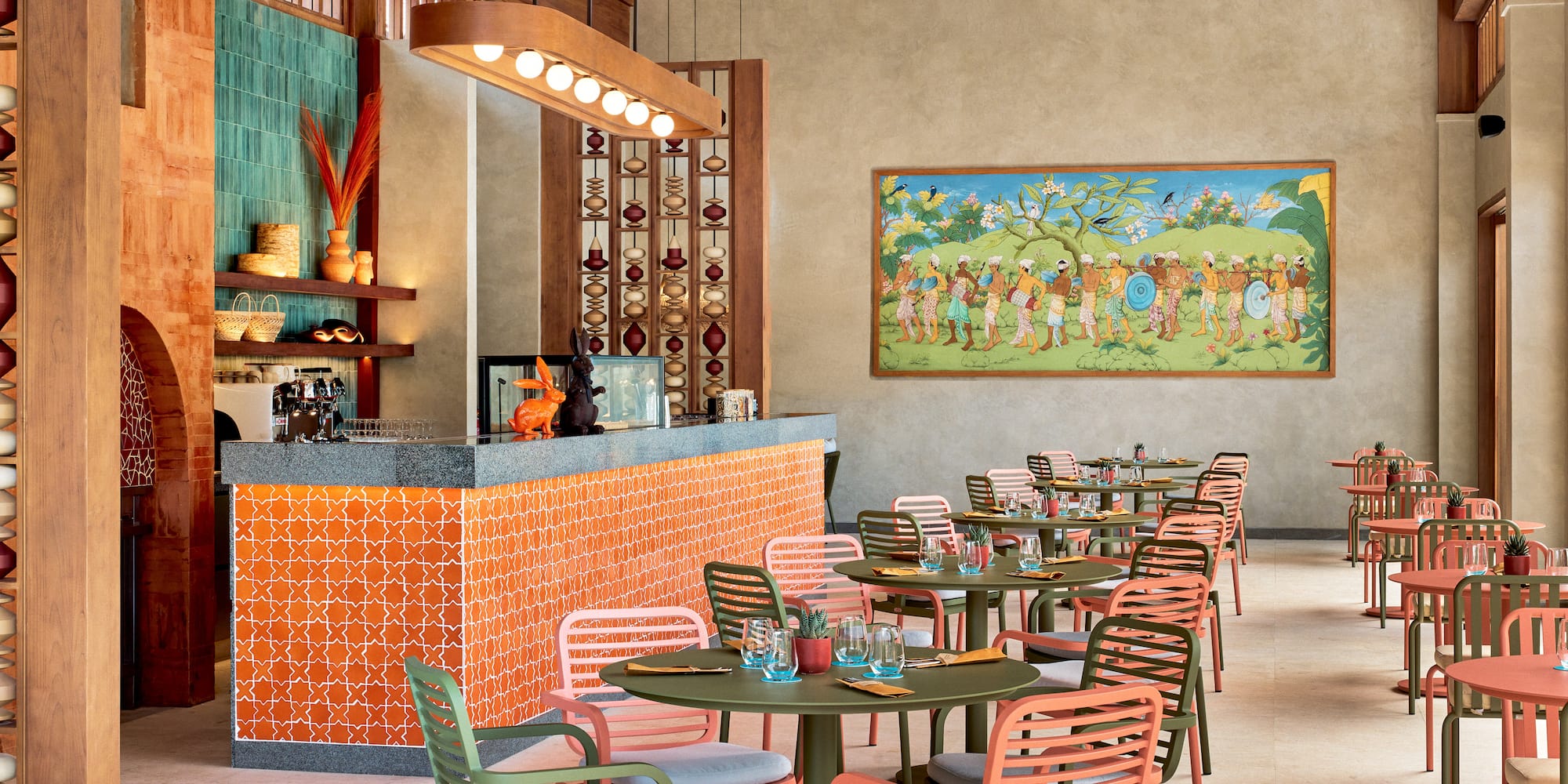 a room with tables and chairs