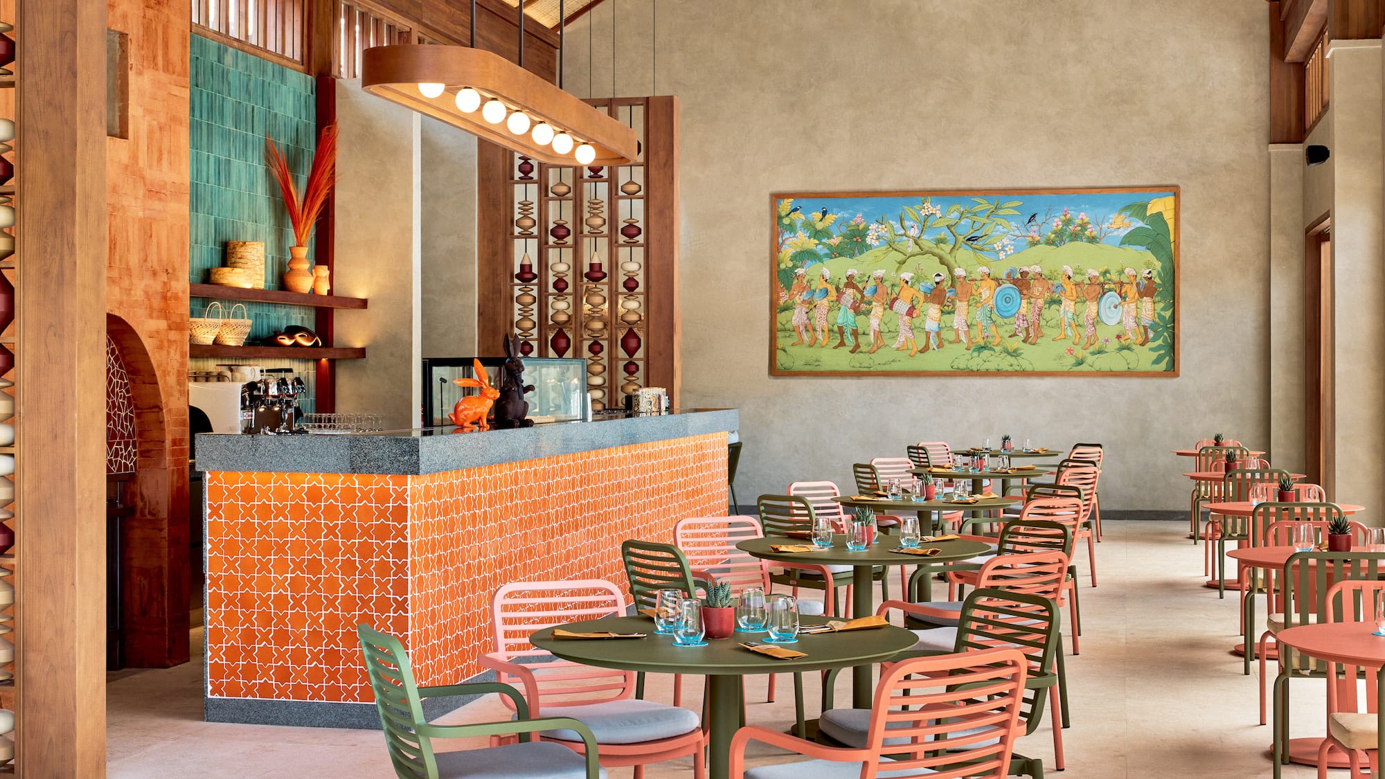 a room with tables and chairs