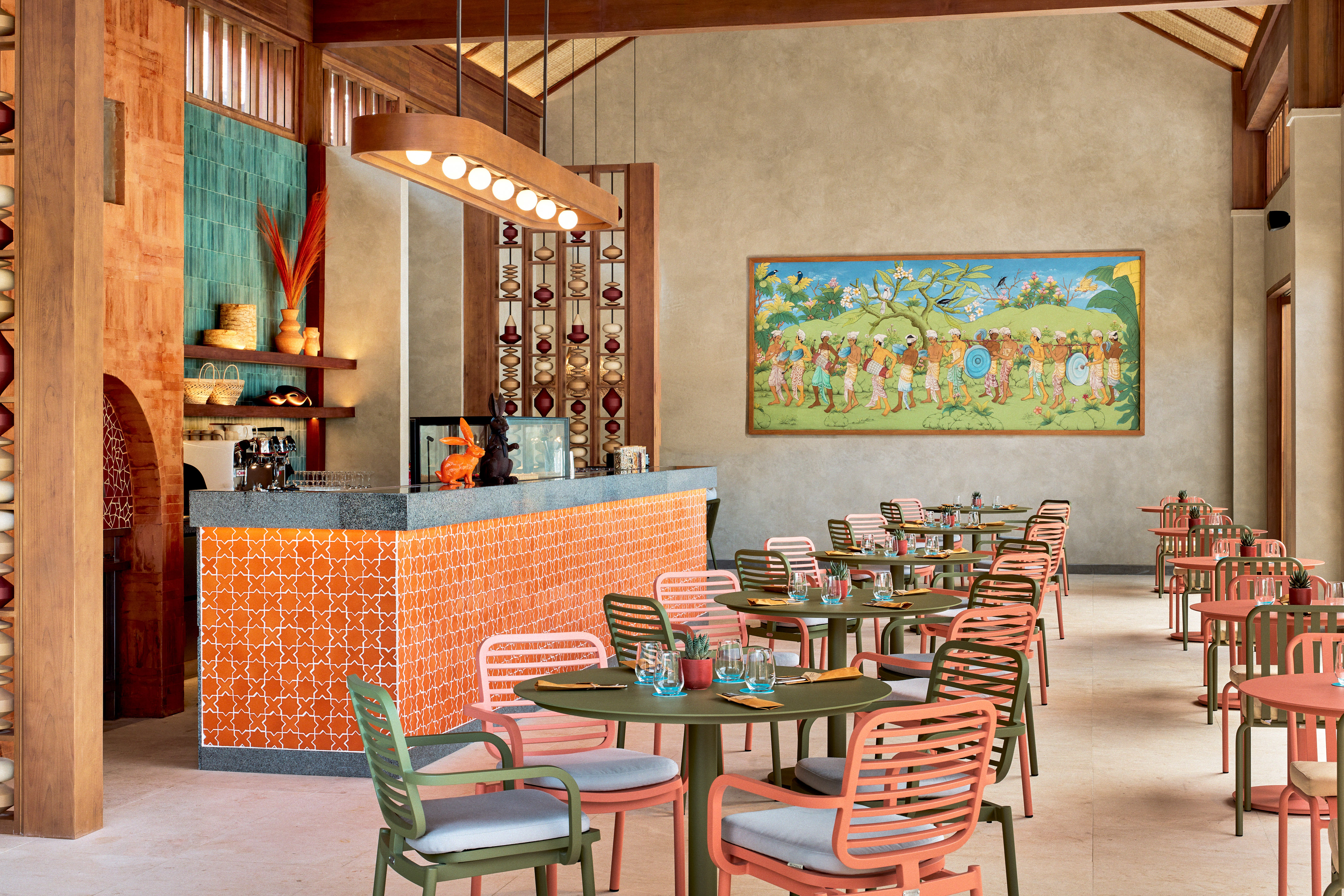 a room with tables and chairs