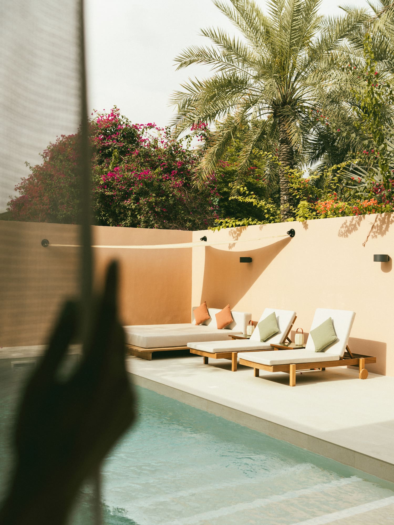 a pool with lounge chairs and palm trees