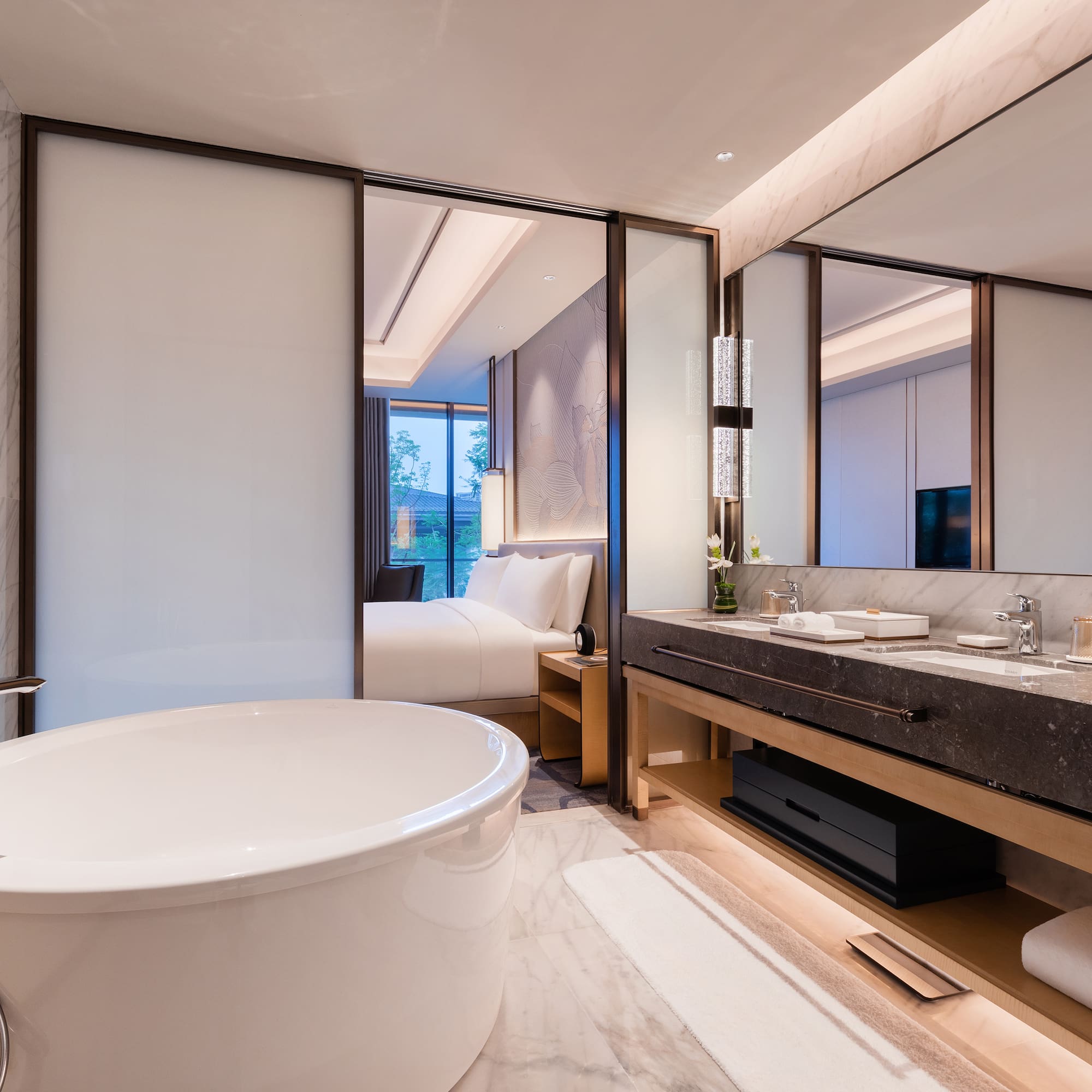 a bathroom with a tub and sink