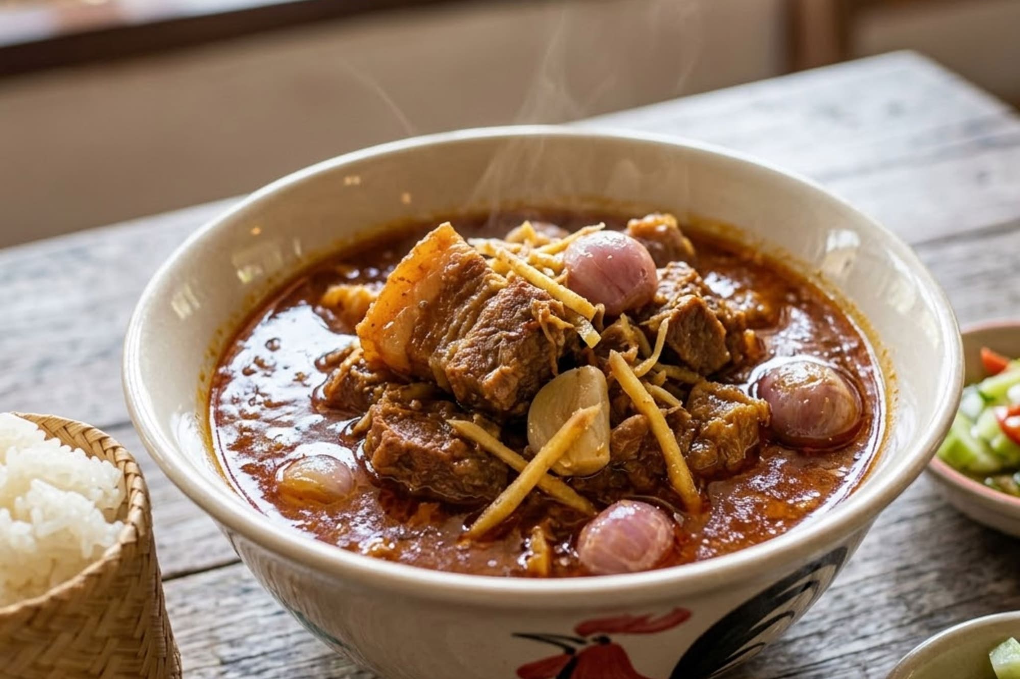 Steaming Thai curry with meat, shallots, ginger, and sticky rice on a wooden table.