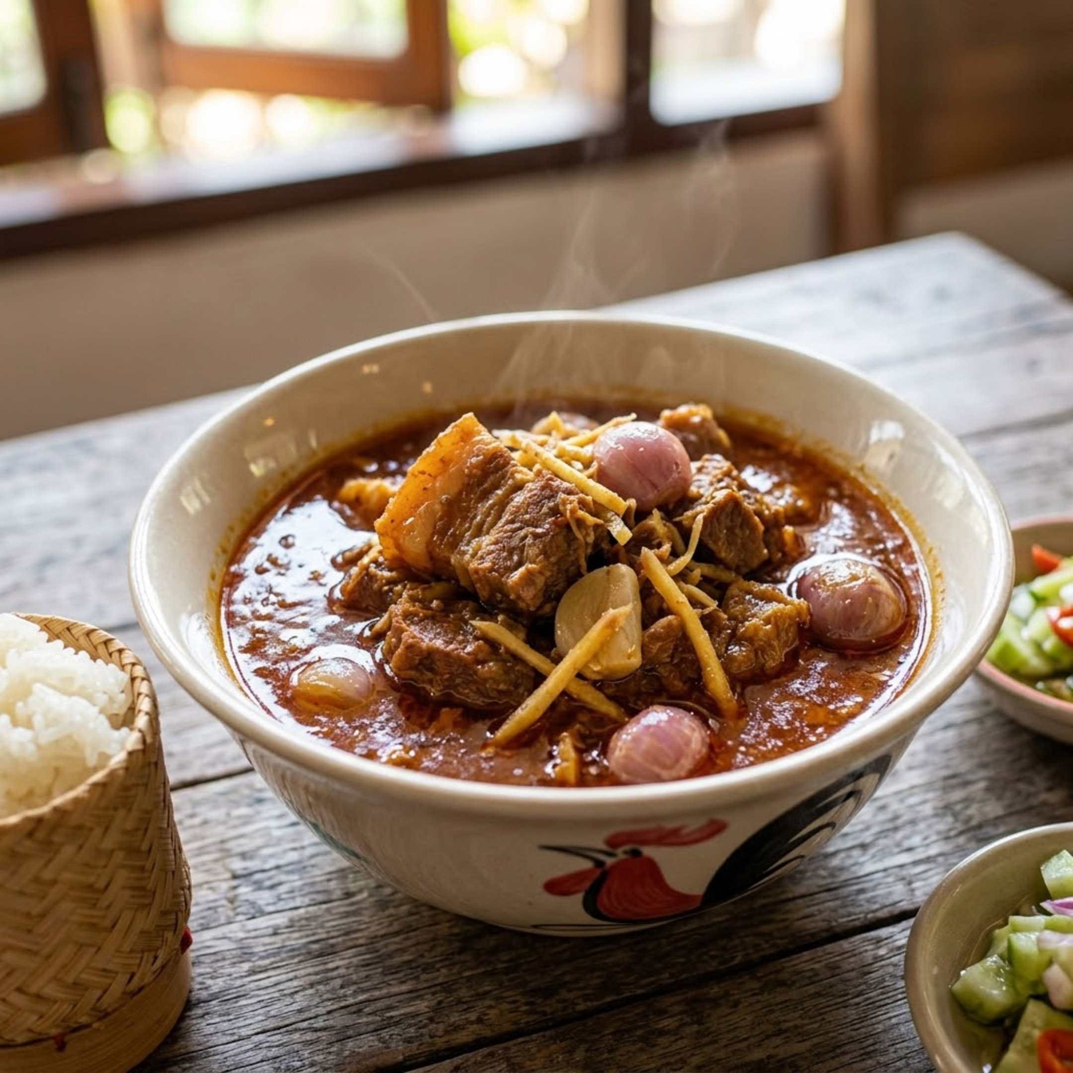 Steaming Thai curry with meat, shallots, ginger, and sticky rice on a wooden table.