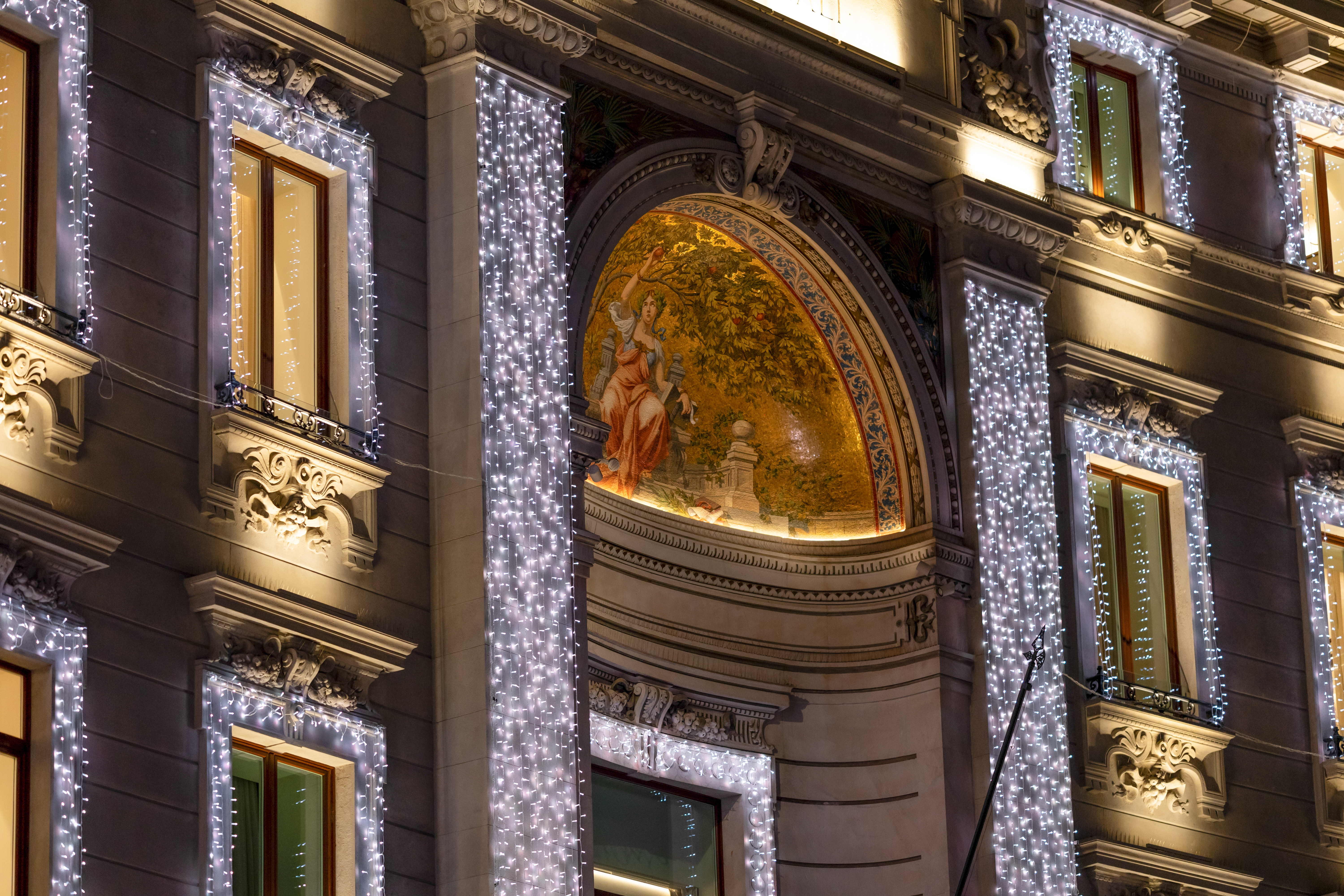 a building with lights on the side