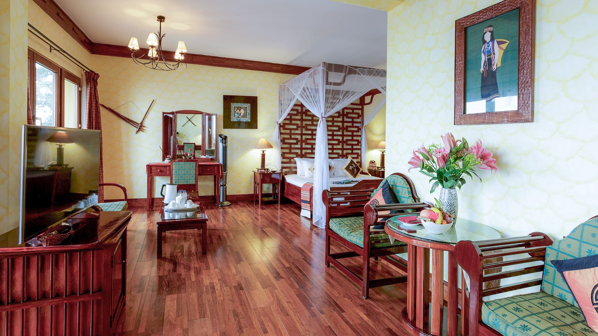 a room with a bed and a mirror