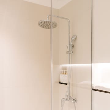 a shower with a glass door