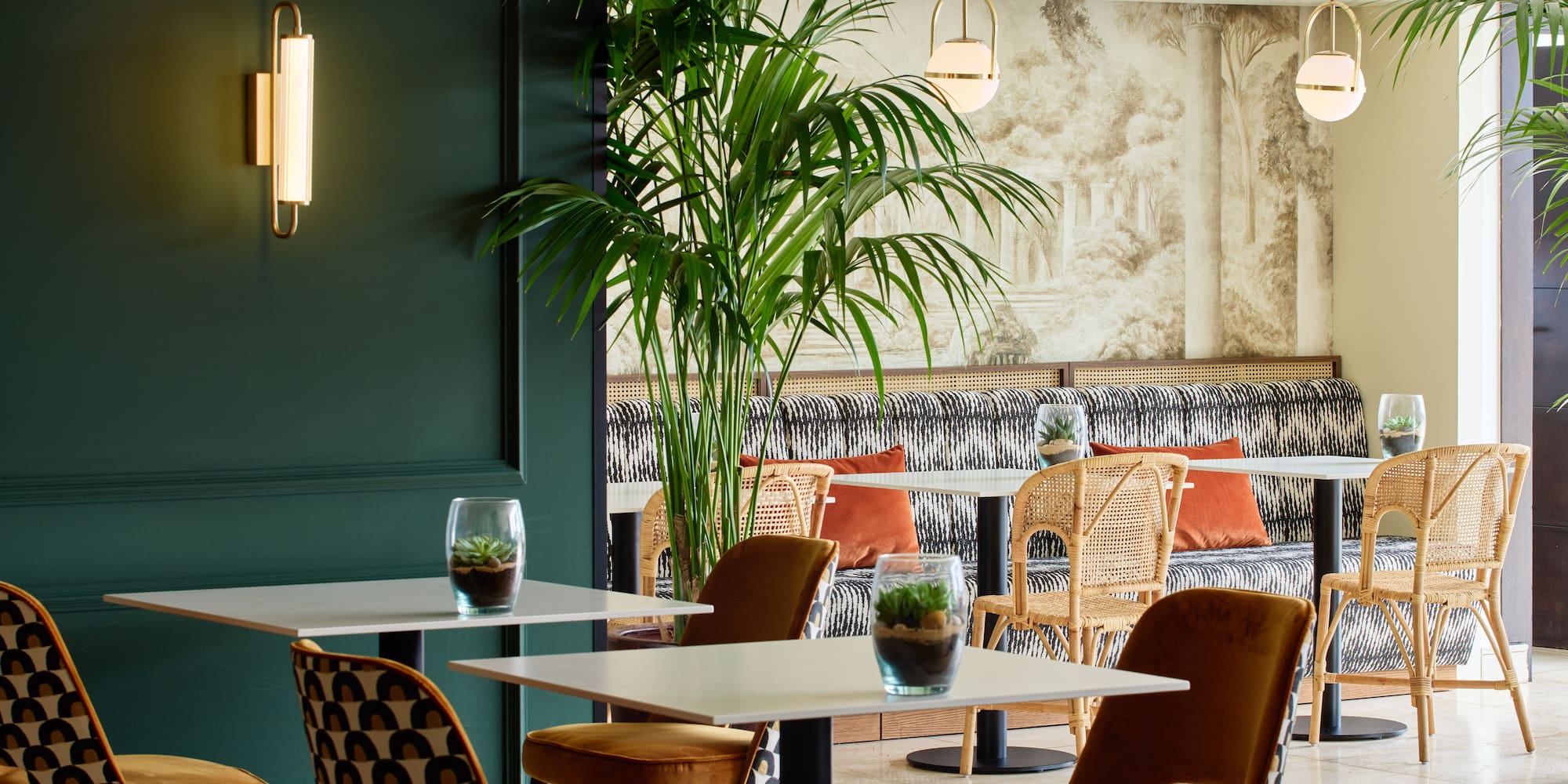 a room with tables and chairs