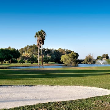 a golf course with a pond and trees