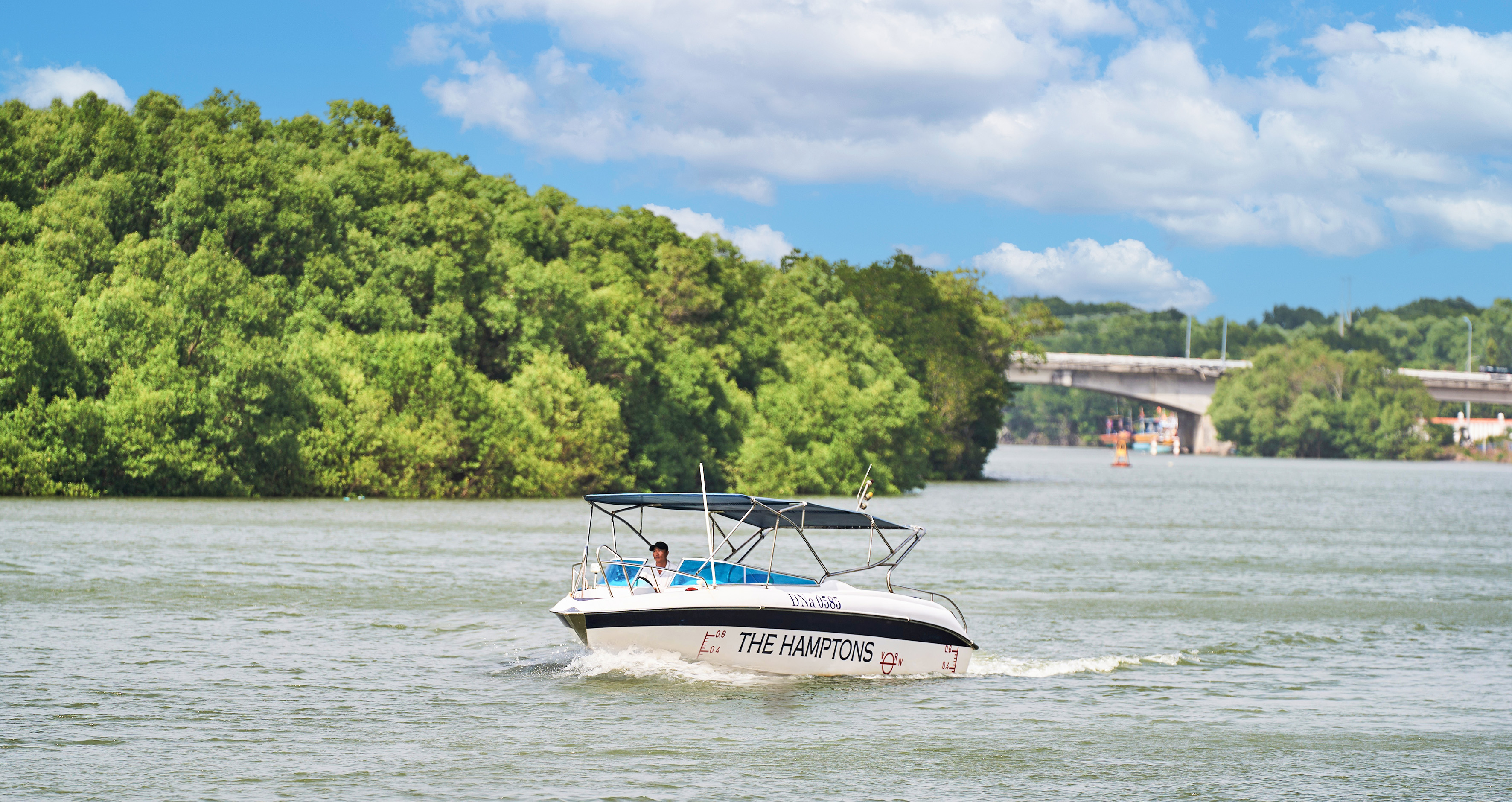 Speedboat "THE HAMPTONS" on river, lush green mangroves, distant bridge under blue sky.