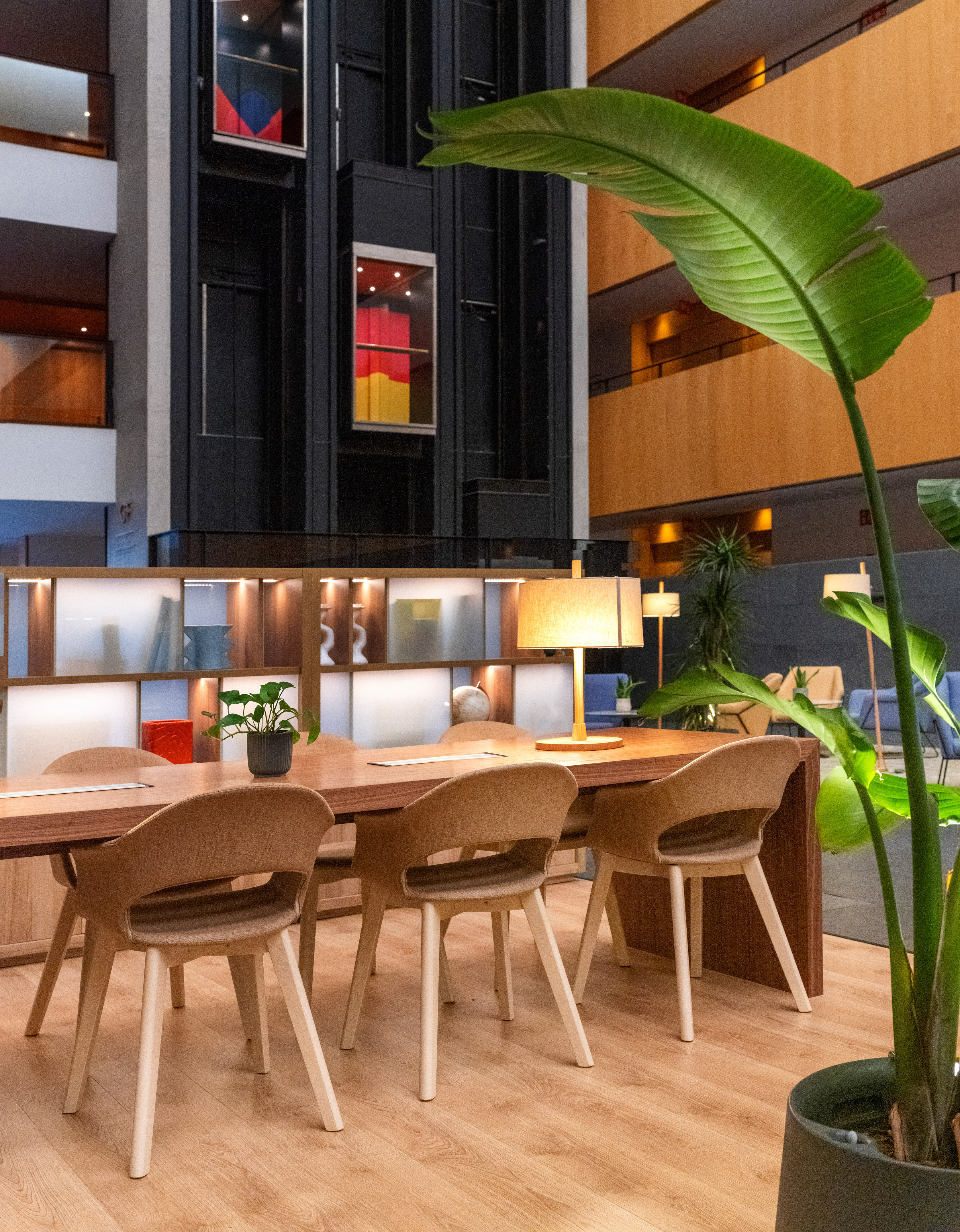 a room with a table and chairs
