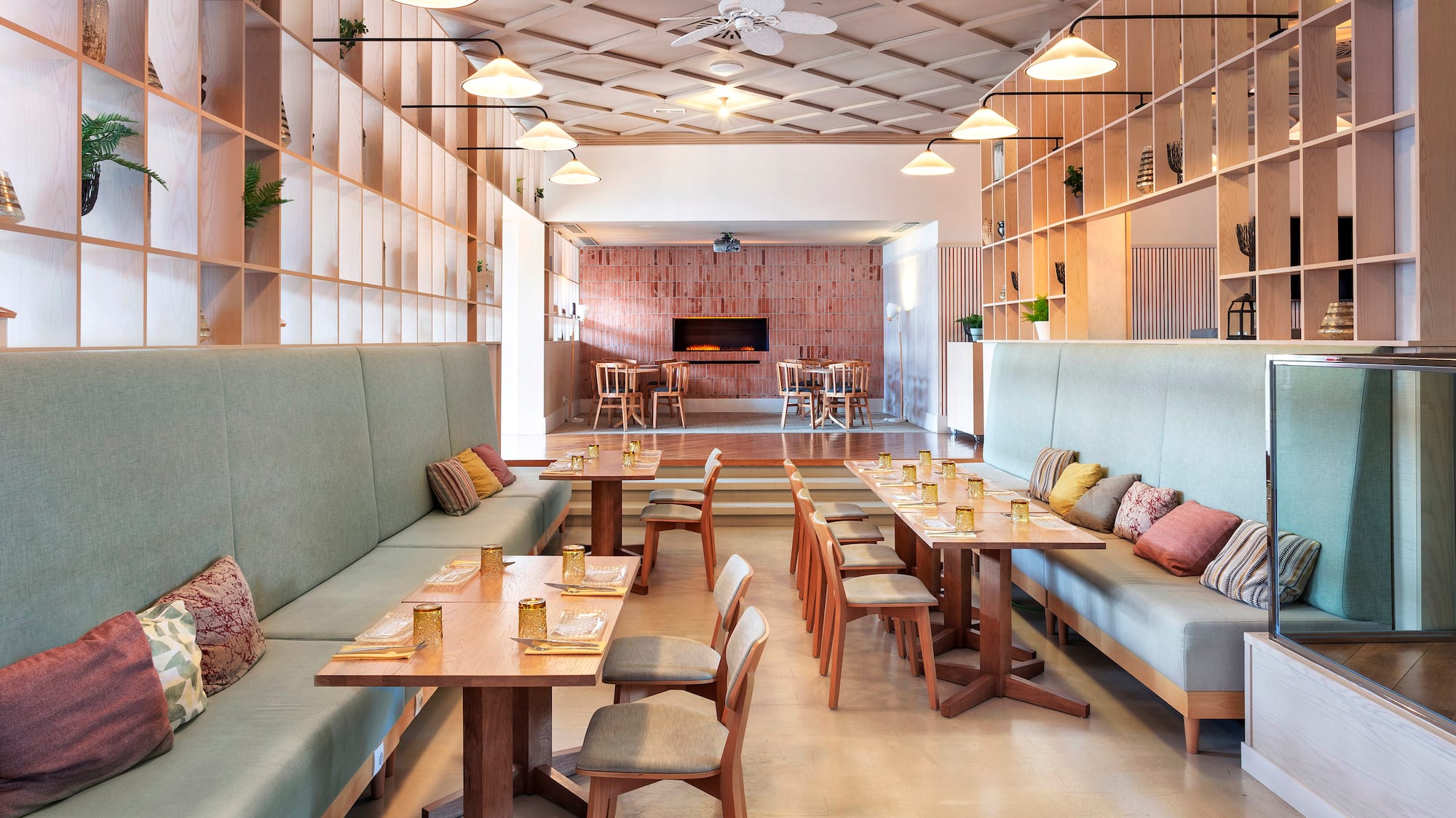 a room with tables and chairs