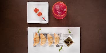 a plate of food and a drink