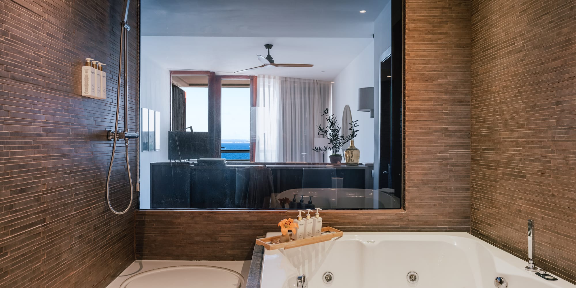 a bathroom with a large window