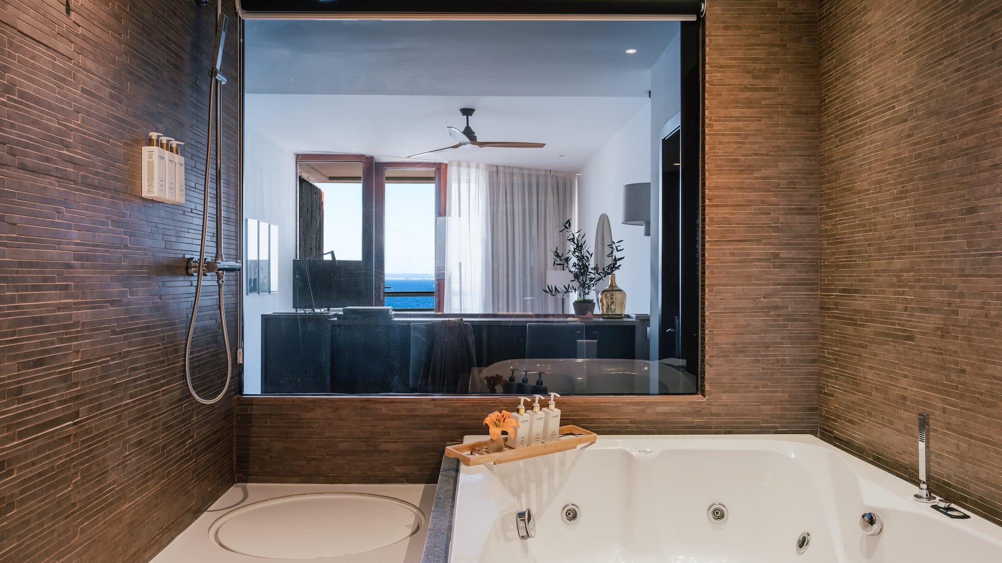 a bathroom with a large window