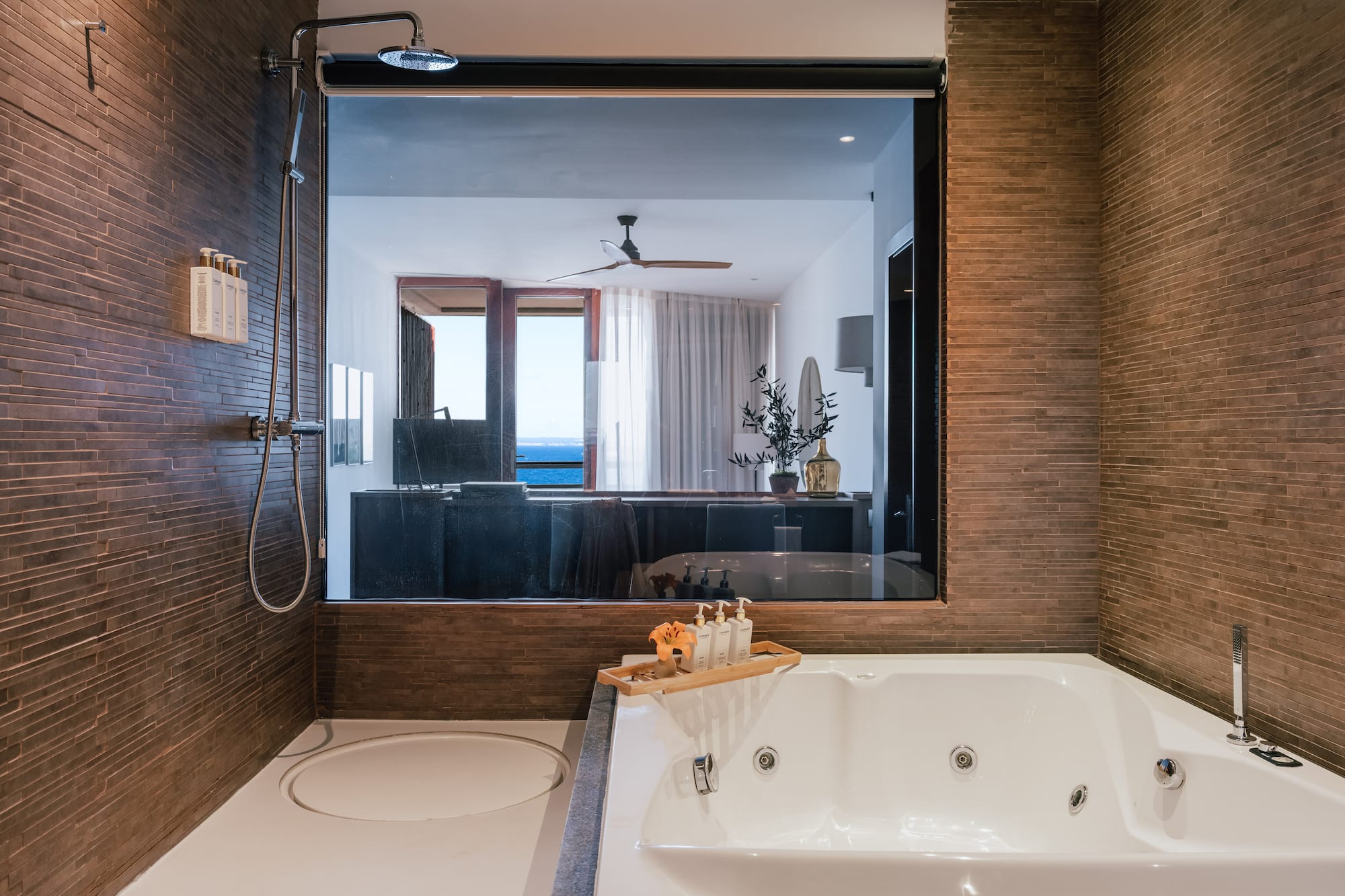 a bathroom with a large window