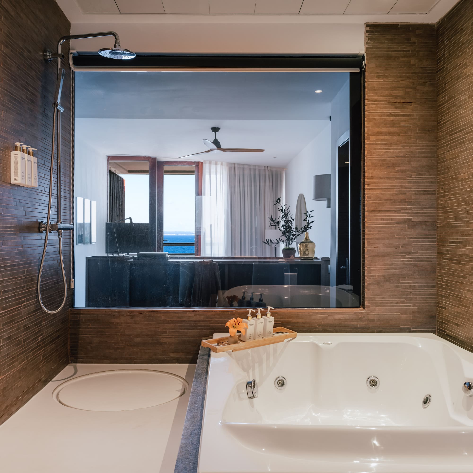 a bathroom with a large window