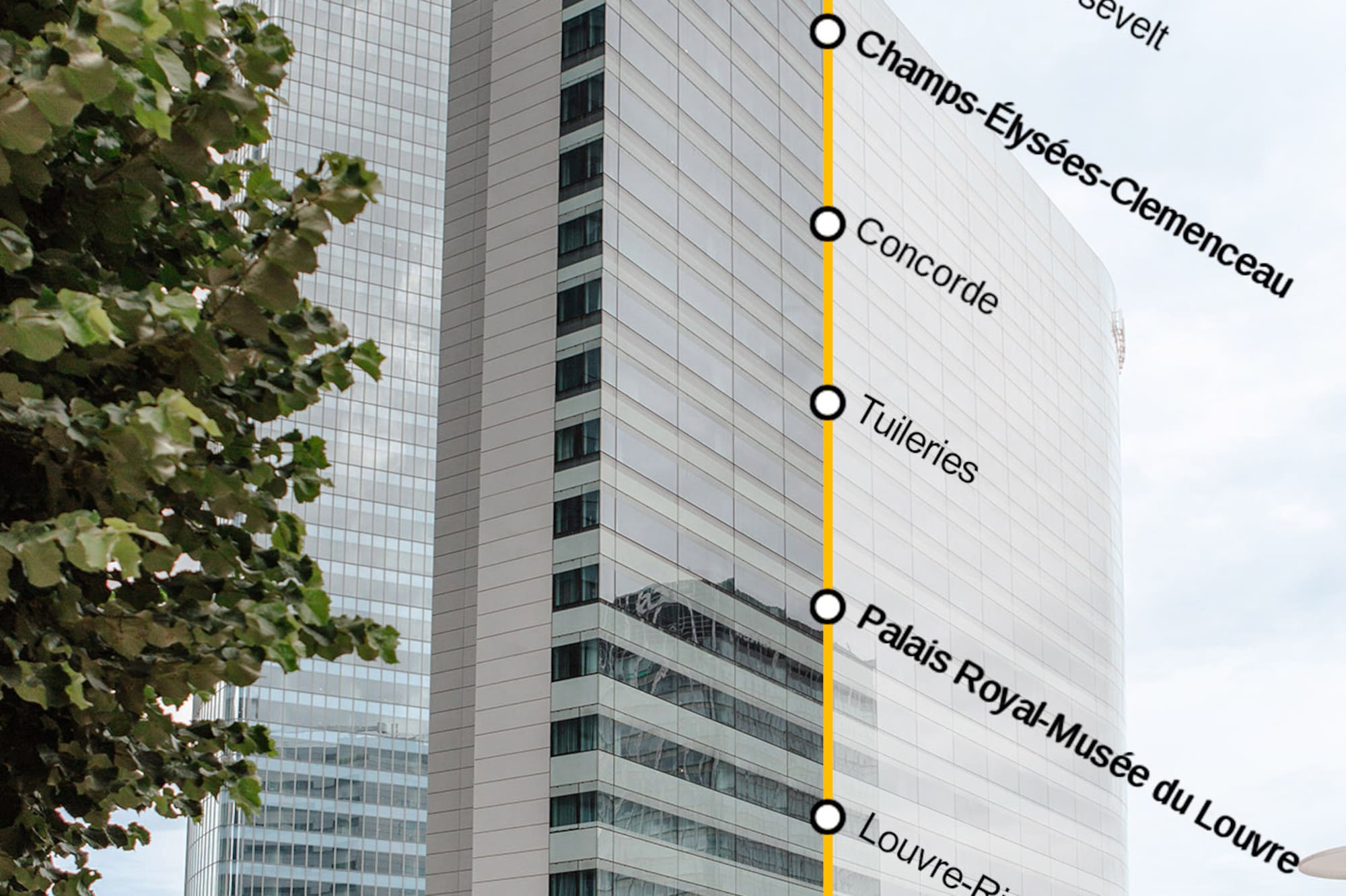 Paris Metro Line 1 map, La Défense skyscrapers, and station entrance.