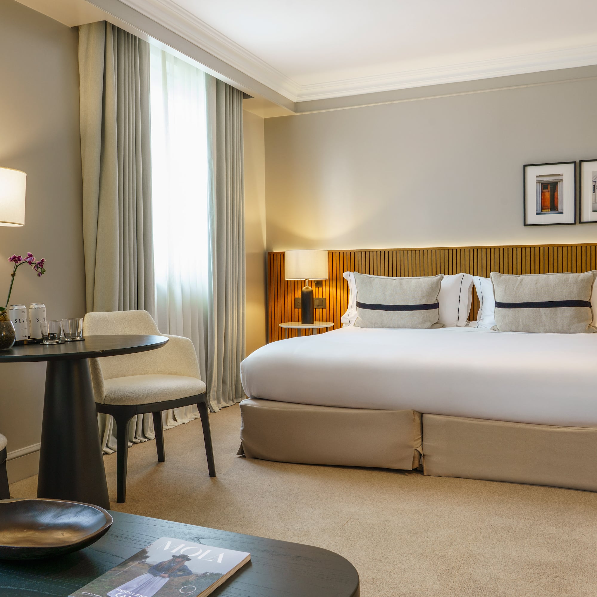 a room with a bed and a table