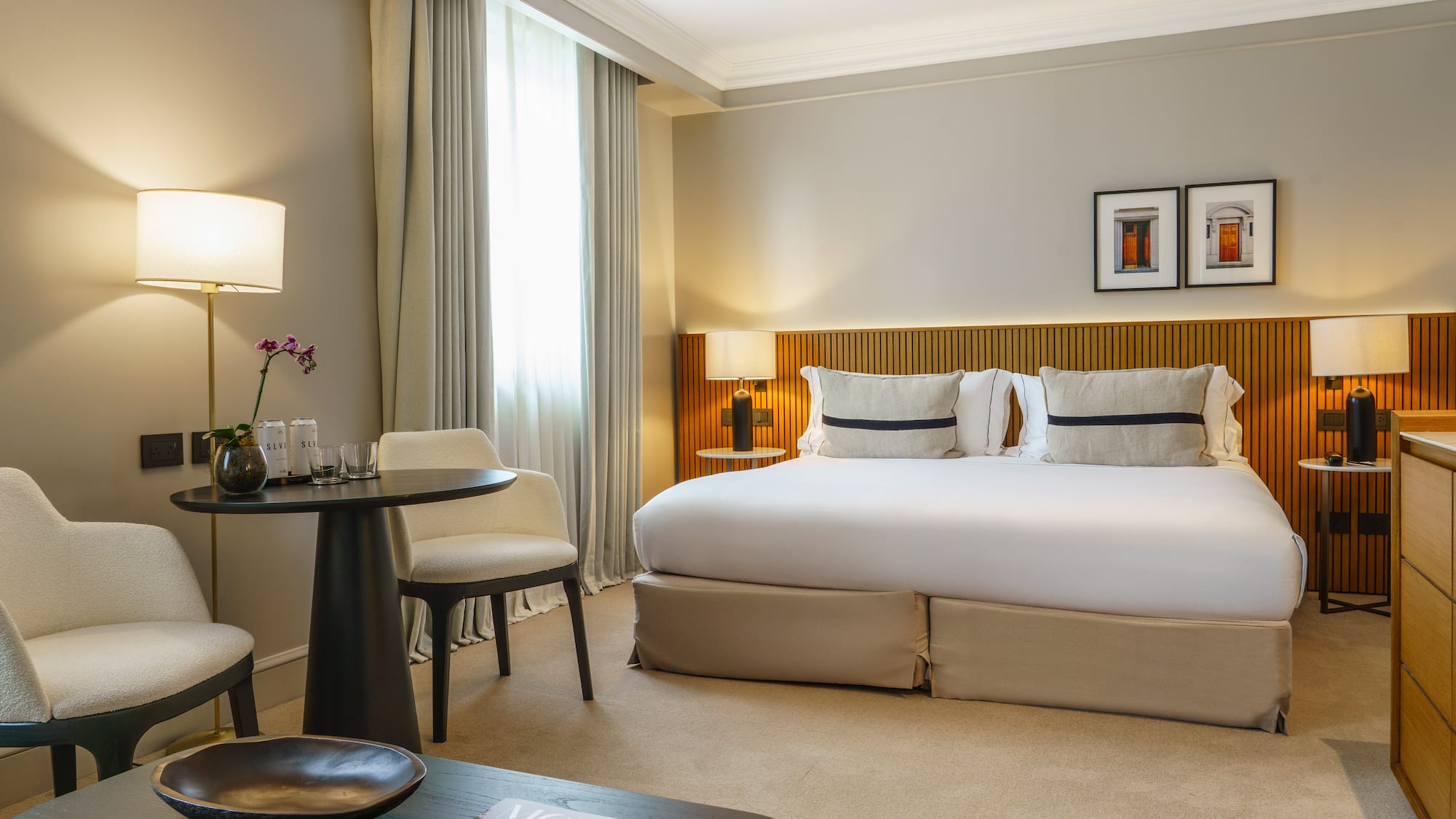 a room with a bed and a table