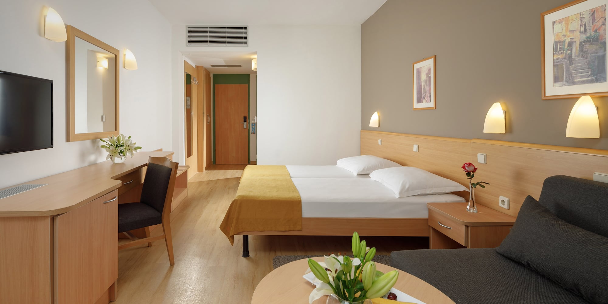 a room with a bed and a table