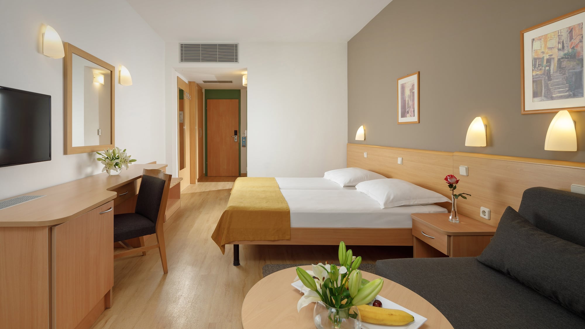 a room with a bed and a table