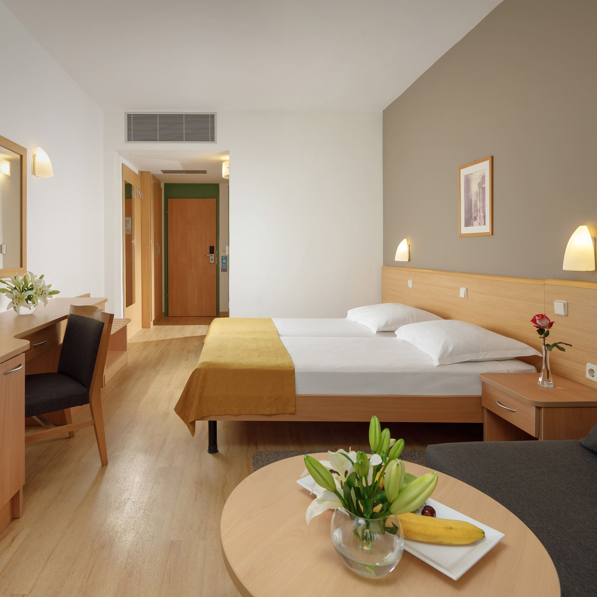 a room with a bed and a table