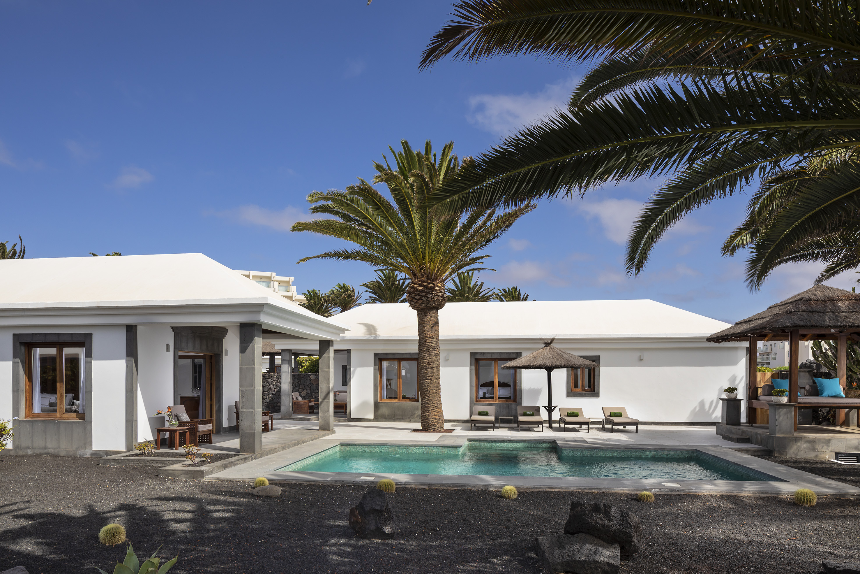 White villa with private pool, palm trees, sun loungers, and volcanic garden.