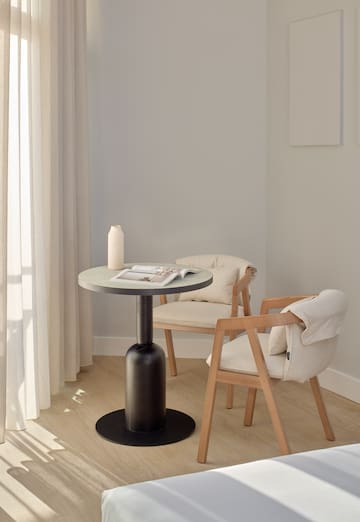 a table and chairs in a room