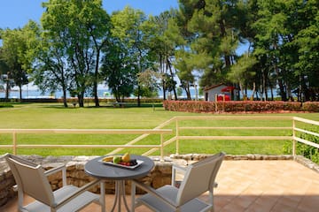 a table with fruit on it and chairs on a patio with a lawn and trees