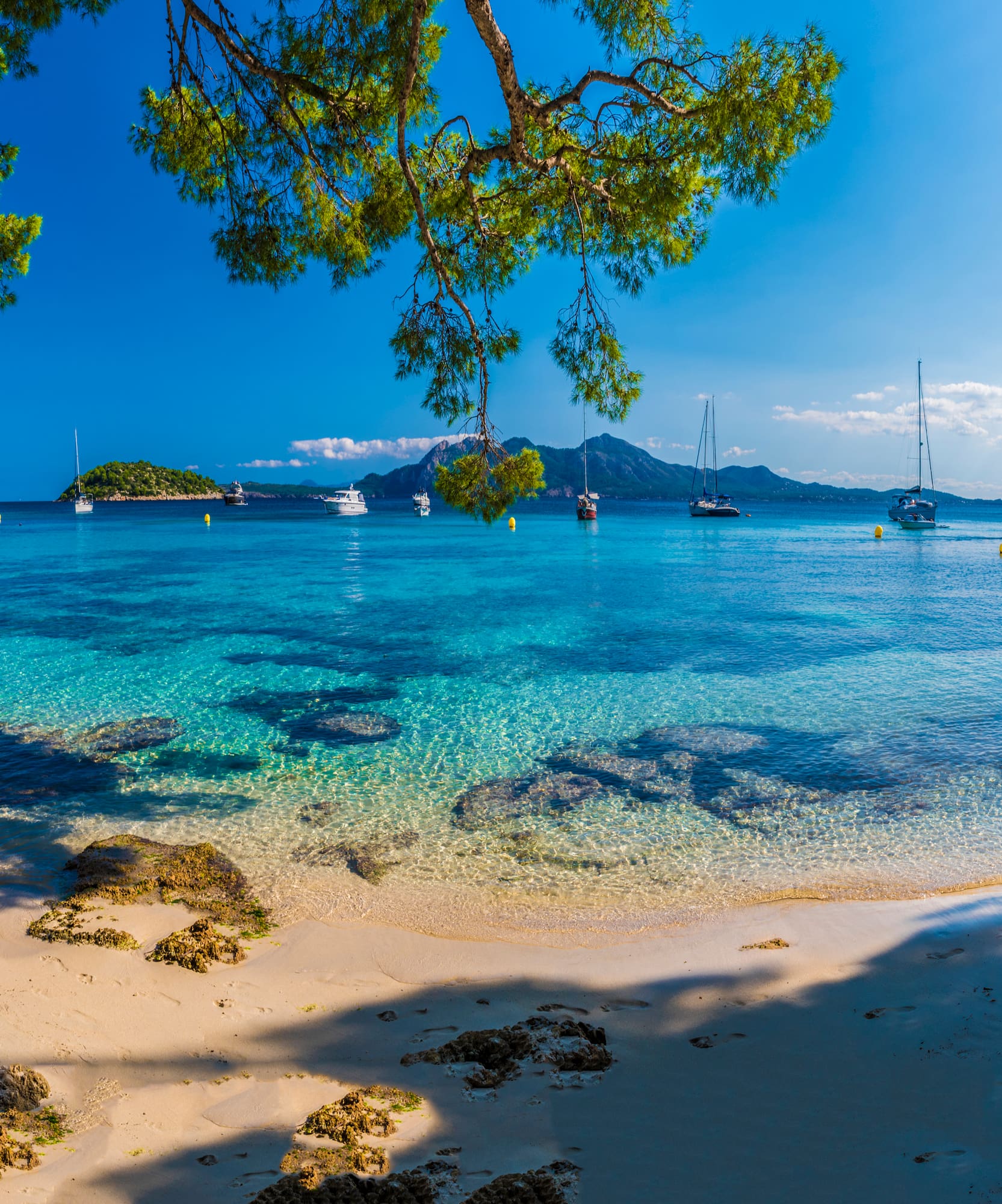 a beach with boats in the water