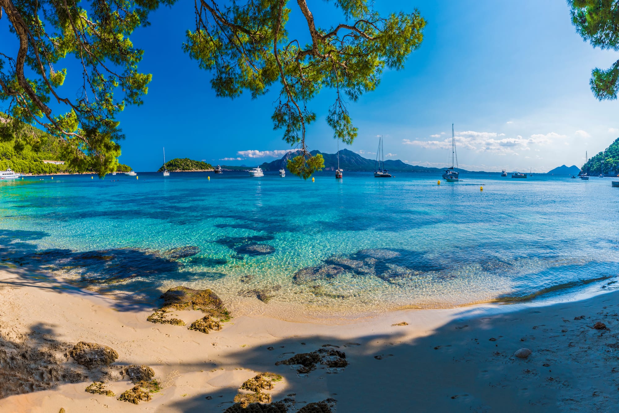 a beach with boats in the water