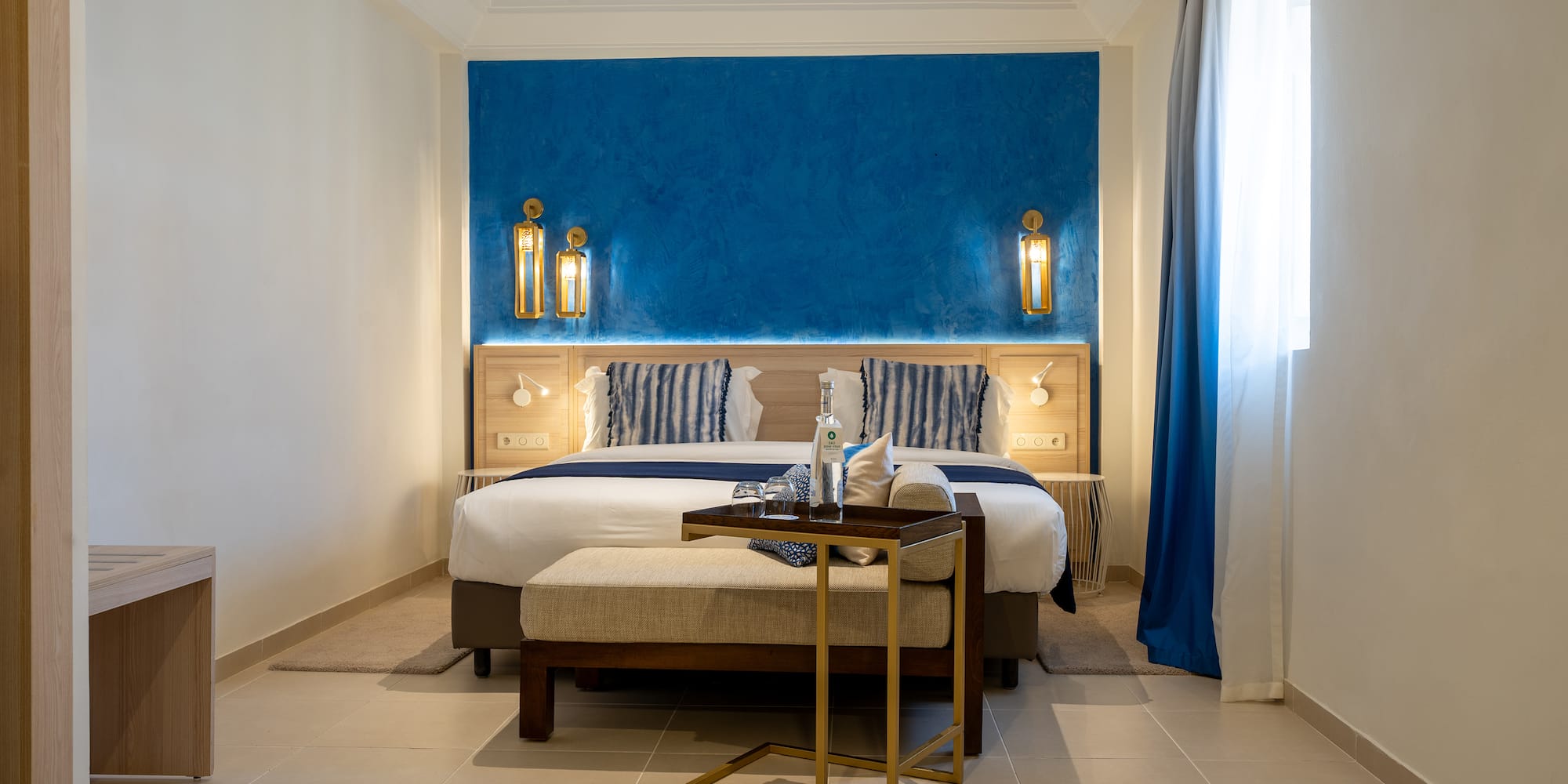 a room with a bed and a table