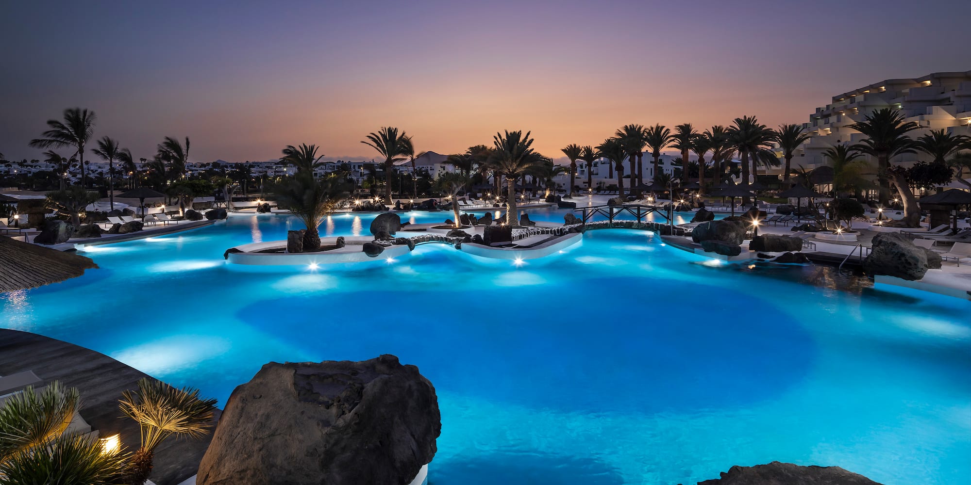 a large pool with palm trees and a sunset