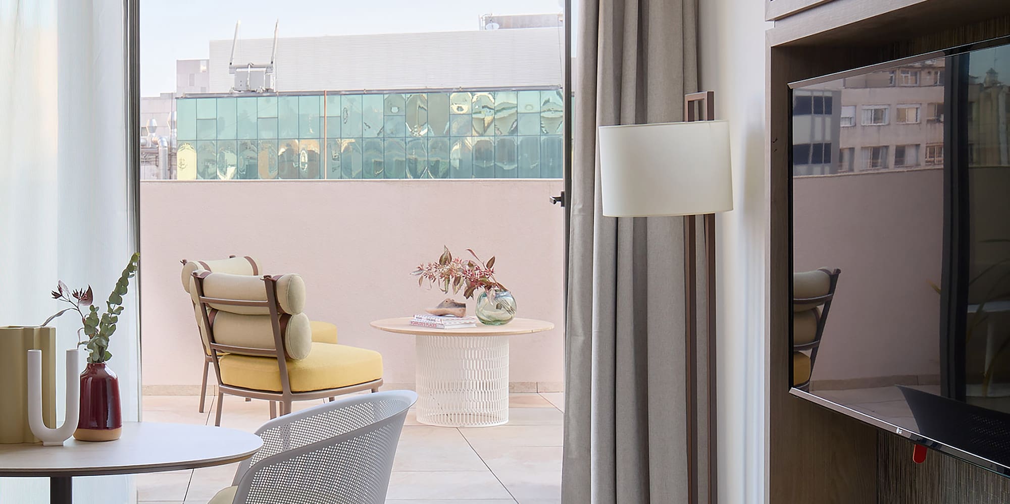 a room with a tv and a table