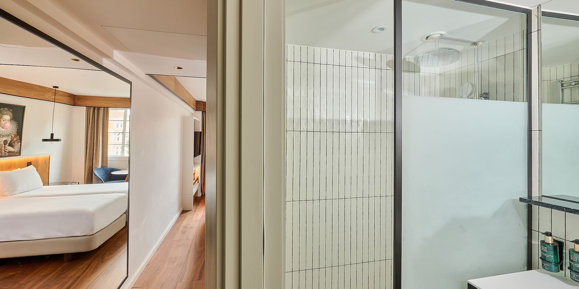 a room with a shower and a bed