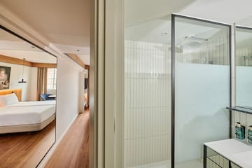 a room with a shower and a bed