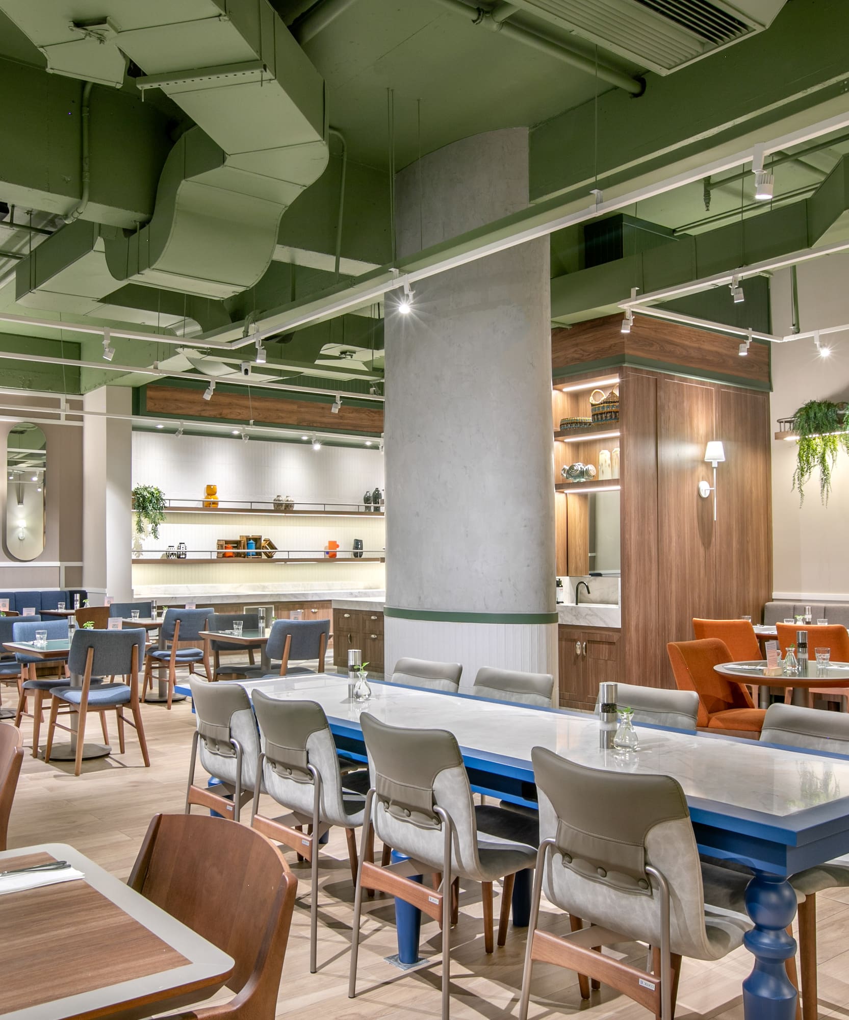 a room with tables and chairs