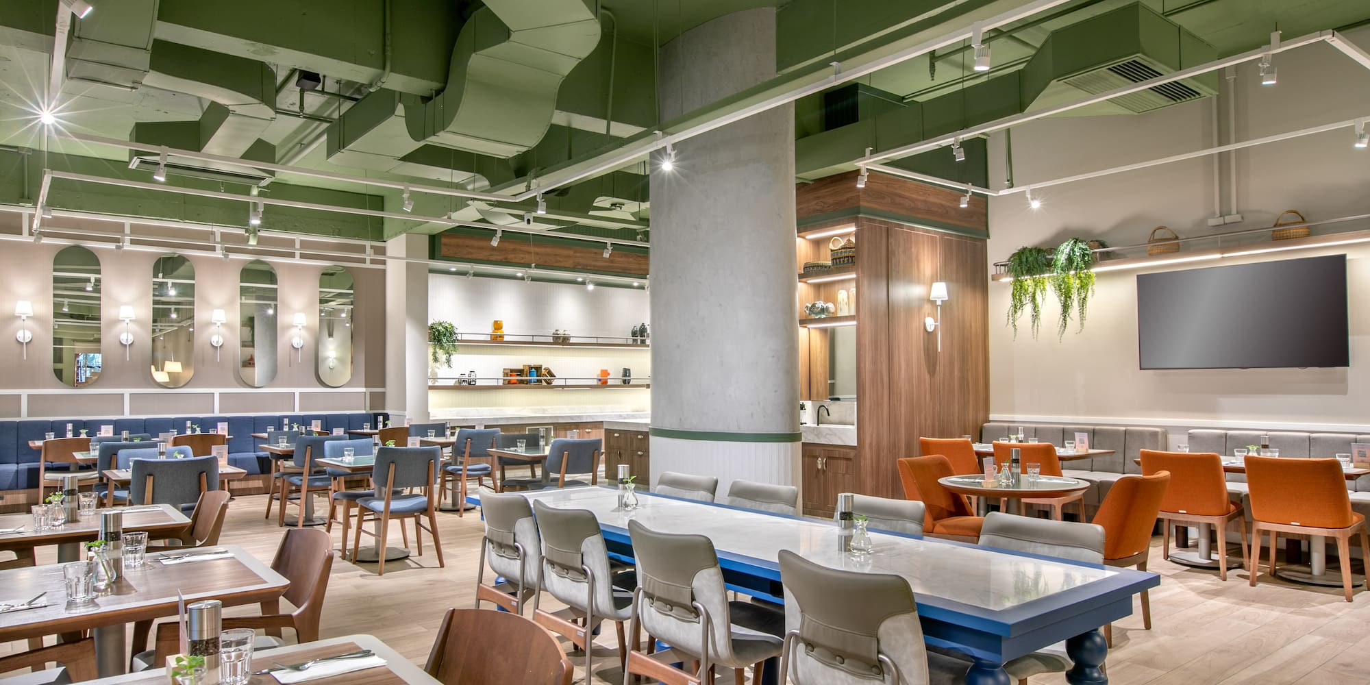 a room with tables and chairs