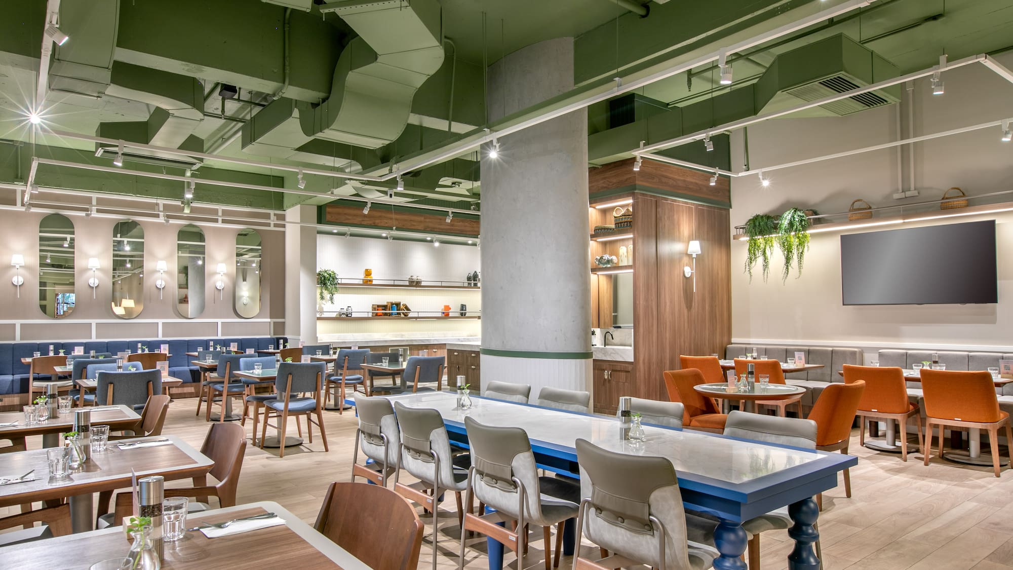 a room with tables and chairs