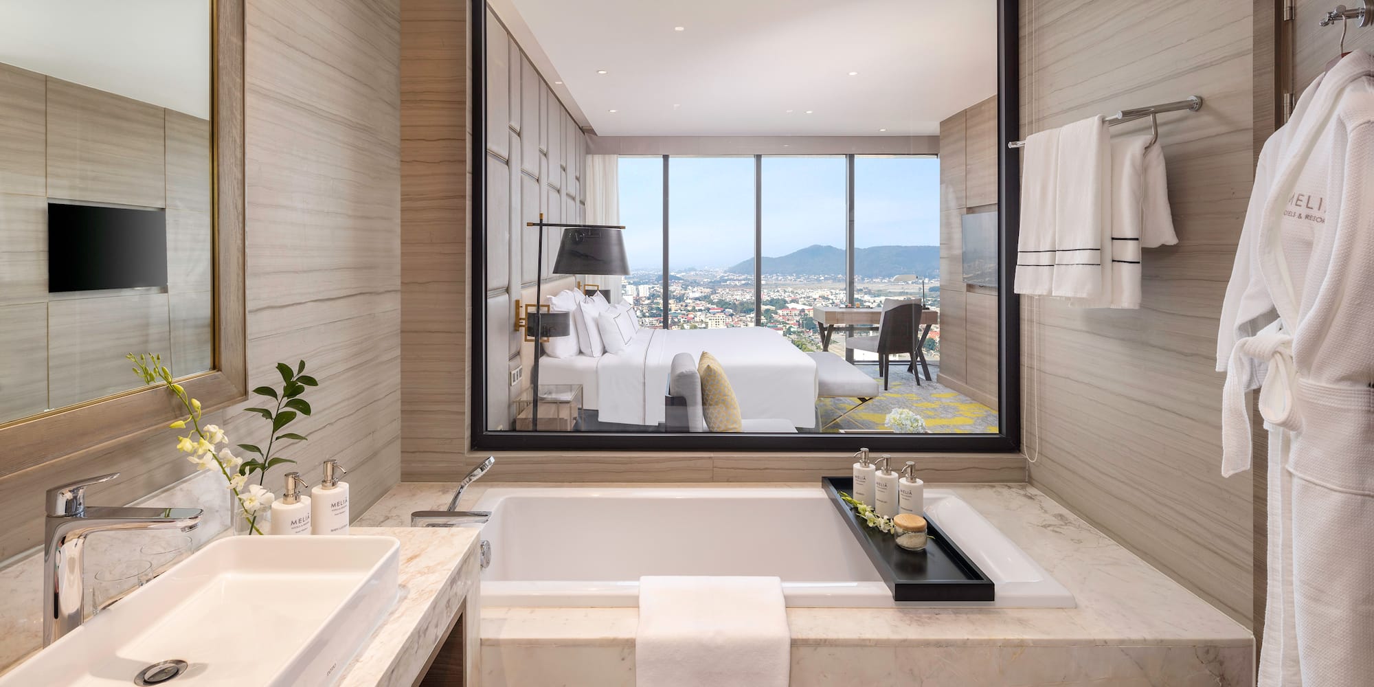 a bathroom with a large window