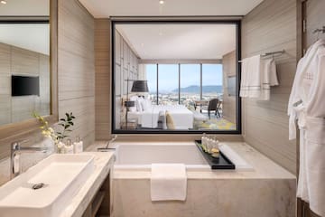 a bathroom with a large window