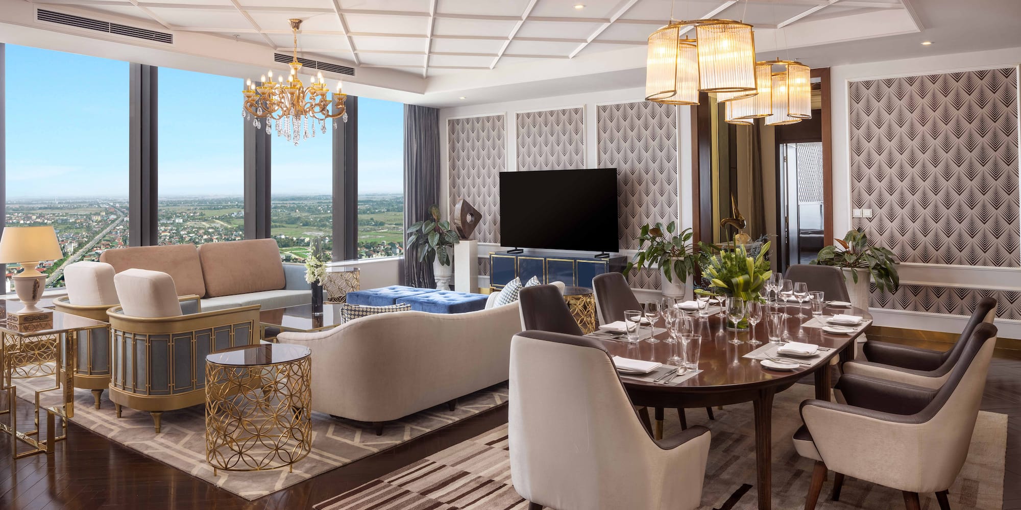 a room with a large table and chairs