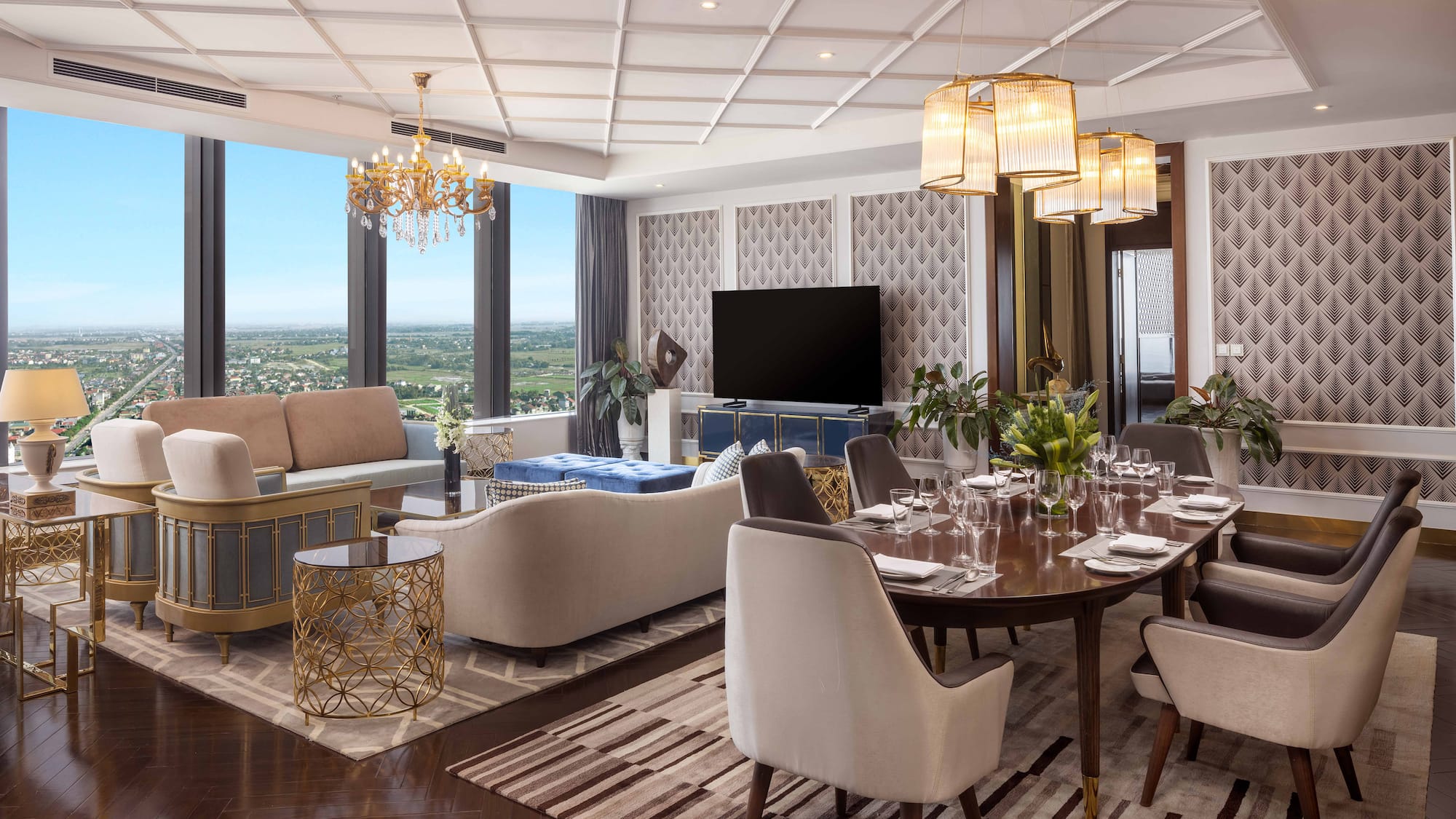 a room with a large table and chairs