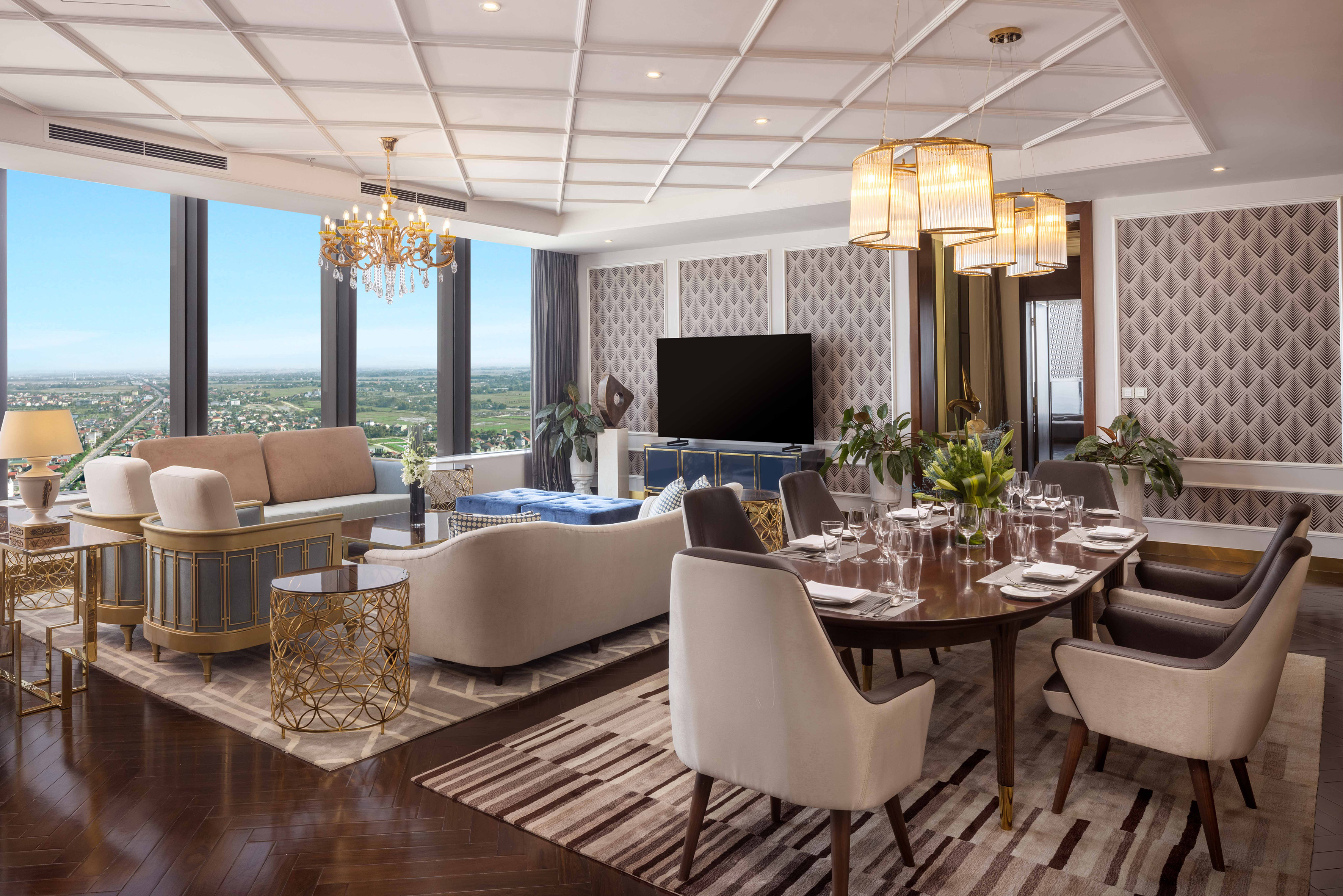 a room with a large table and chairs