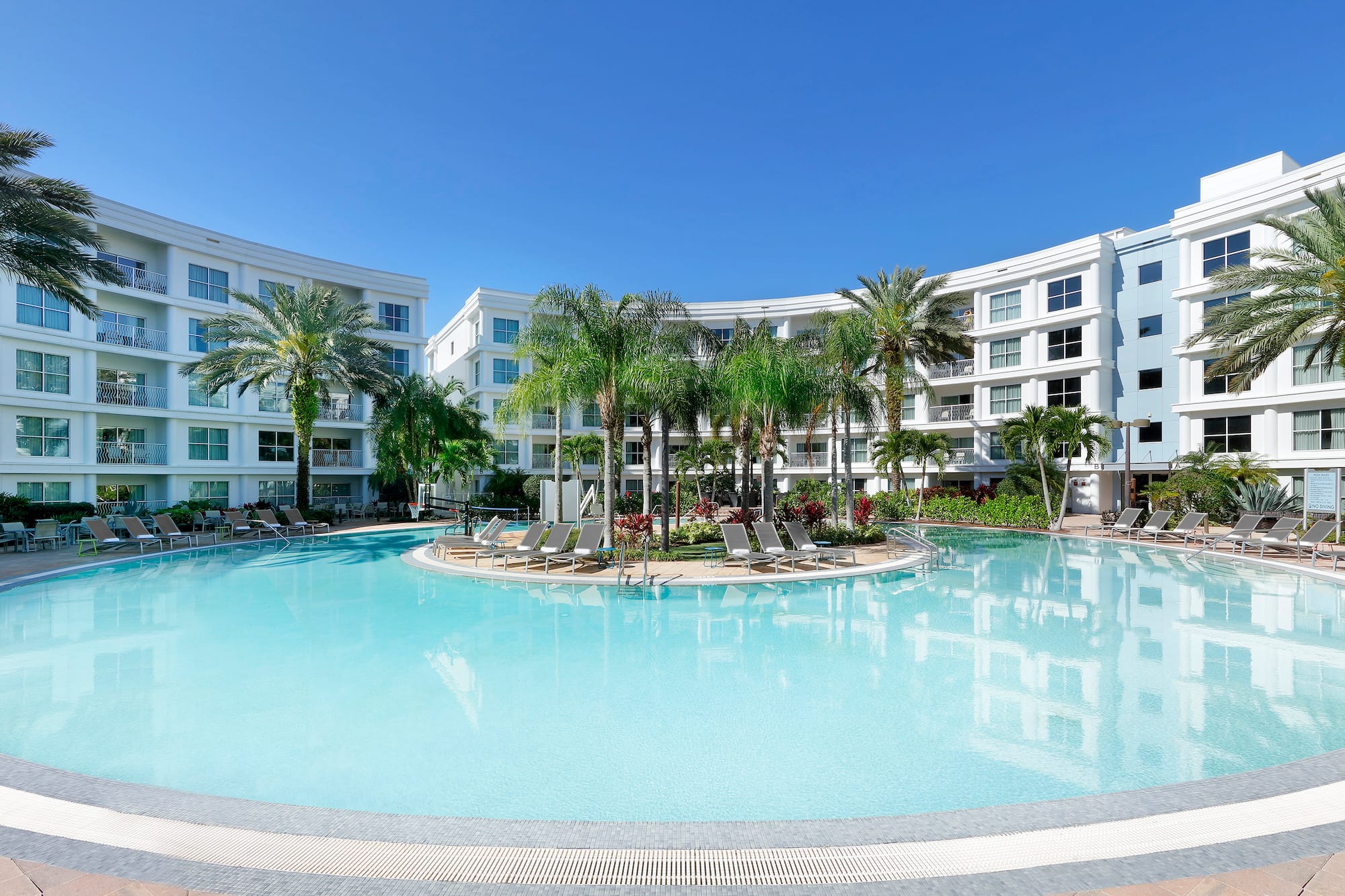 Tropical resort pool with curved hotel buildings and lush palm trees.