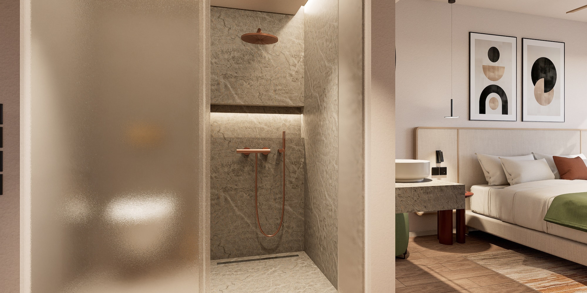 a bathroom with a shower and a bed